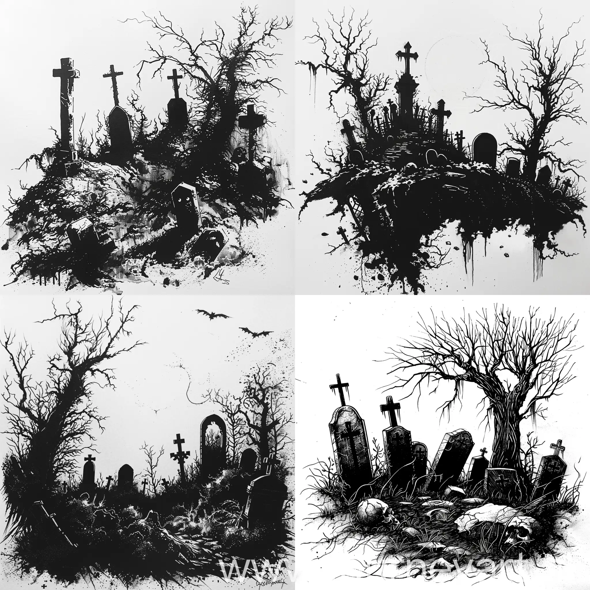 gothic graveyard, drawing, rugged black lines, tattoo stencil, black and white, minimalistic, grunge, grimey, black ink, pen