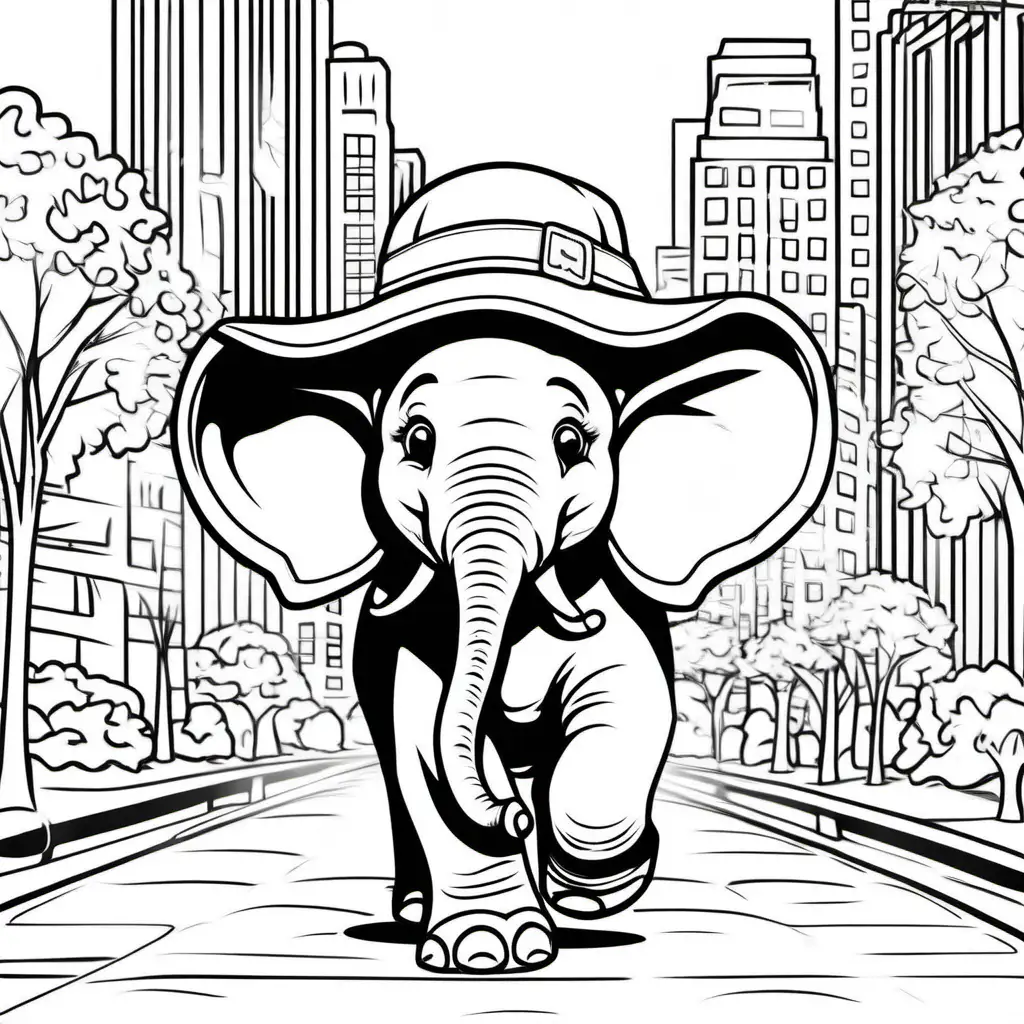 Baby girl elephant wearing cute hat walking in New York City park, coloring pages for children