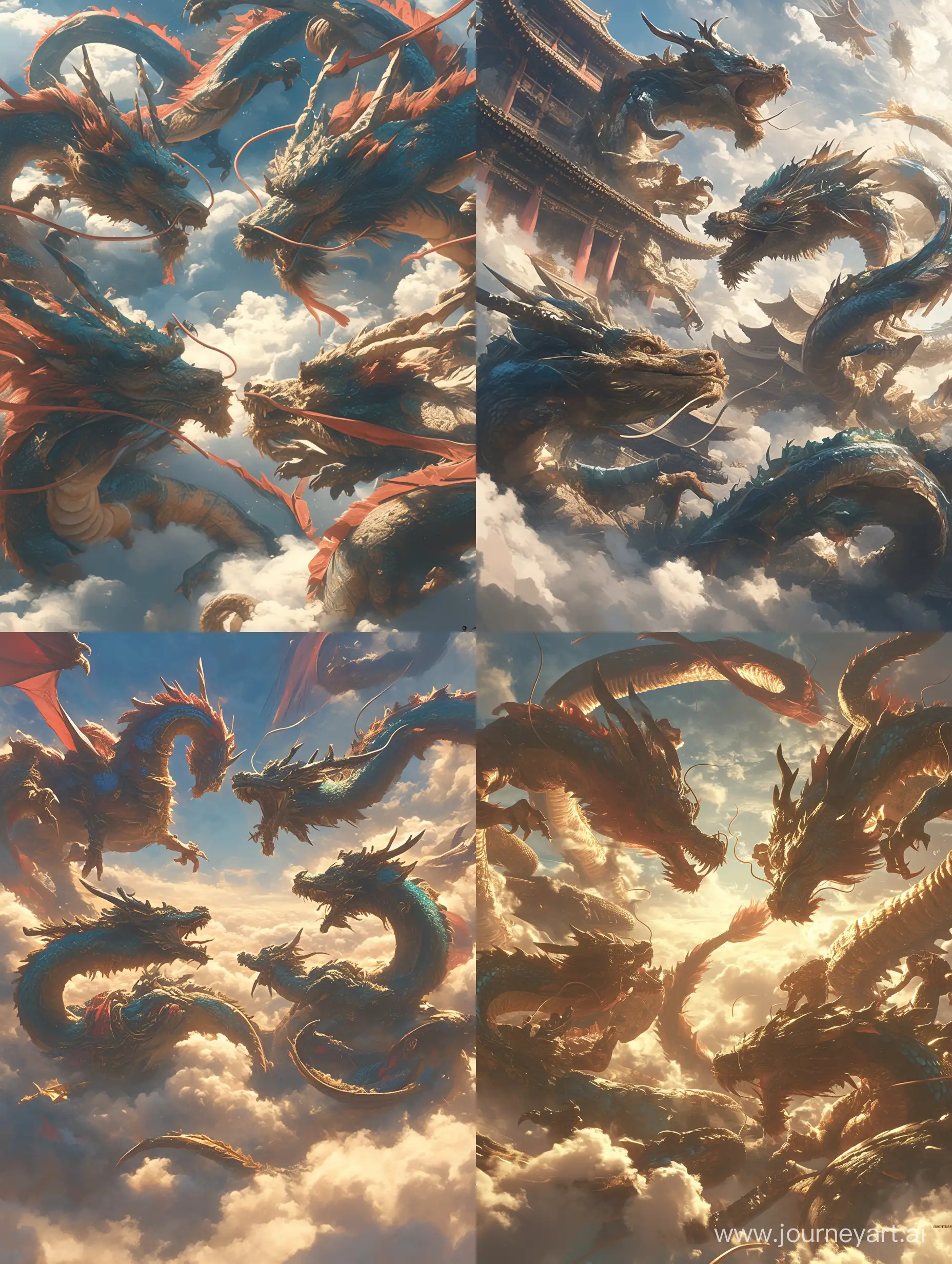 Four dragons fighting each others in the cloud, using Asian realistic colour scheme style, CG original painting, fantasy methodology references, surreal murals, dark gold and aquamarine, poster concept art, epic --s 1000 --niji 6 --ar 3:4