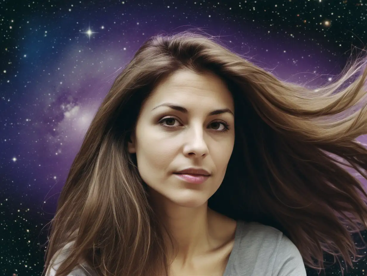 Create a face of a european woman-next-door, long haired around 40 years old, with a space background. Colour scheme should be purple. Make her show more of her left cheek, turning her head a bit to the left, lowering her  chin. Clothing should be modern, everyday looking. Place her to the very right in the picture and integrate the contours of her hair into the background. Cinematic contrast. Kodak Gold 400.