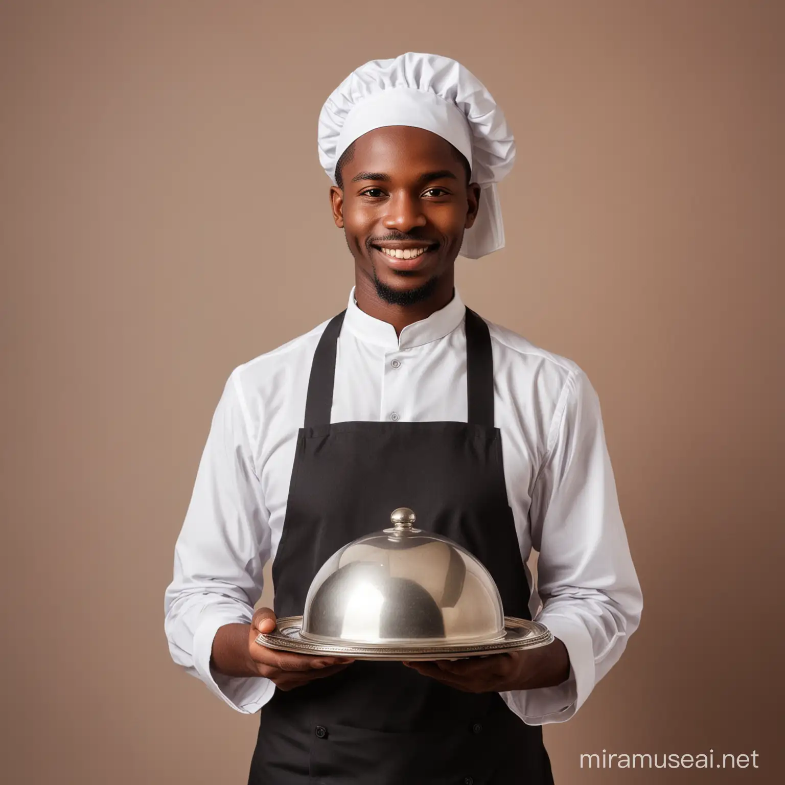 African waiter holding a clotche