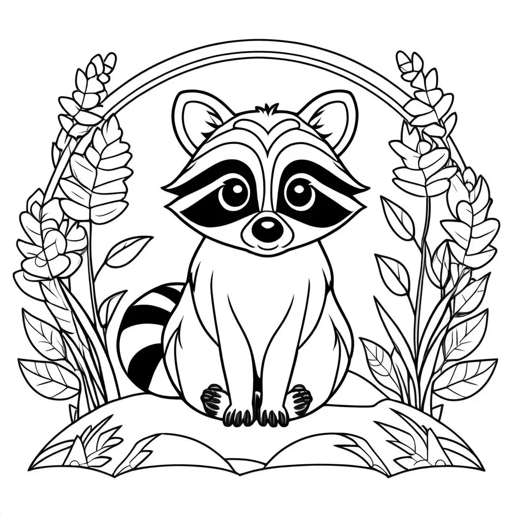cute raccoon, Coloring Page, black and white, line art, white background, Simplicity, Ample White Space. The background of the coloring page is plain white to make it easy for young children to color within the lines. The outlines of all the subjects are easy to distinguish, making it simple for kids to color without too much difficulty