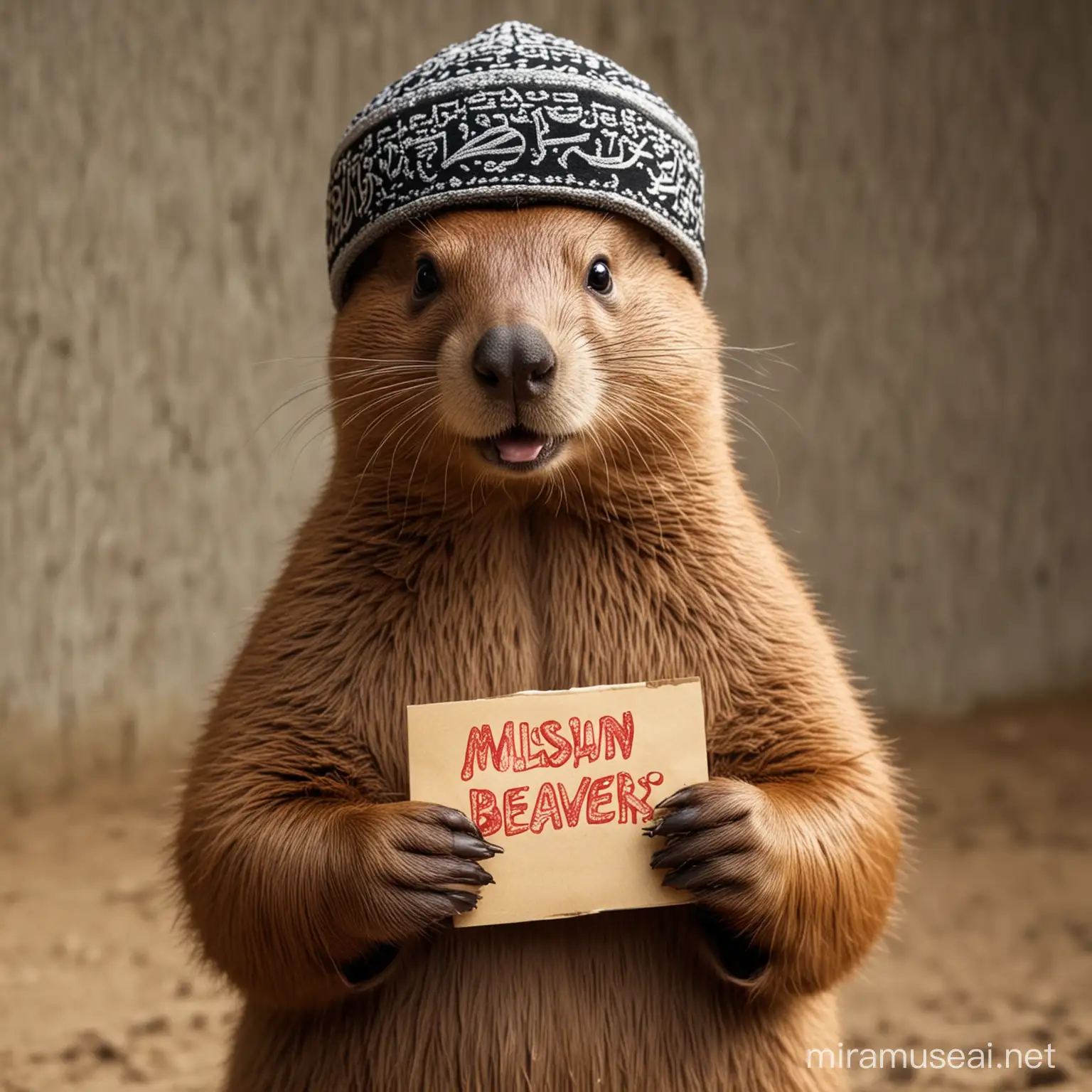 Playful Muslim Beaver Wearing a Fez Hat