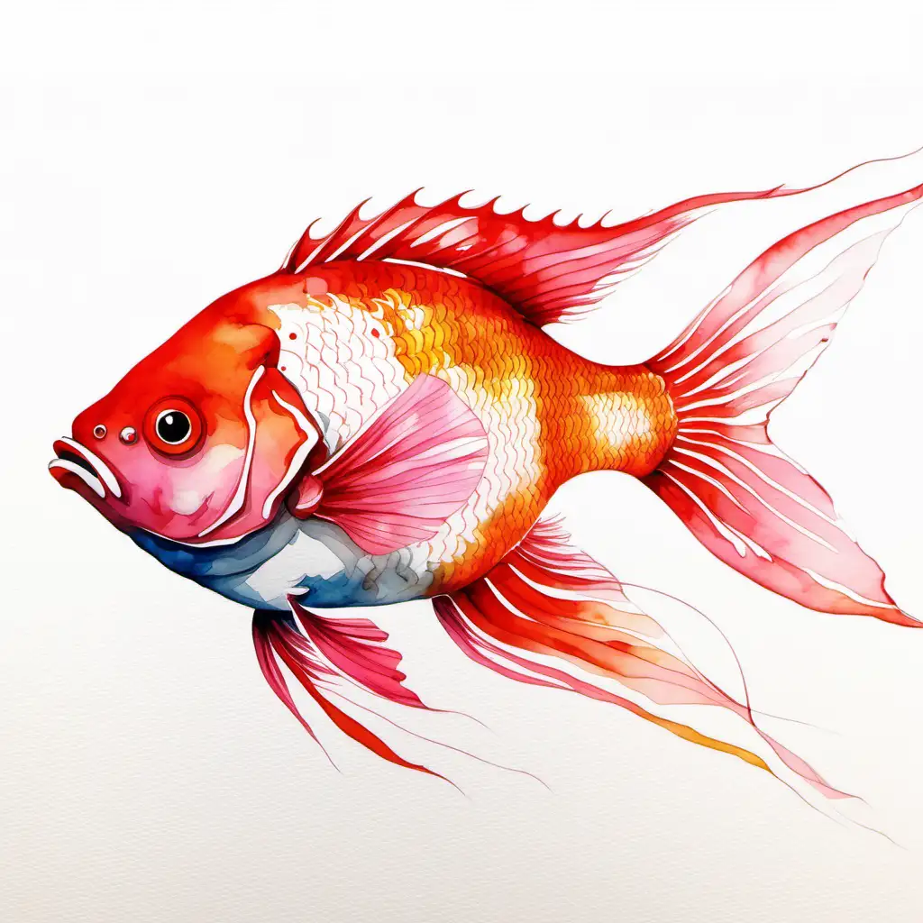 Vibrant Watercolored Fish on a Beautiful Pink Red Orange and White Background