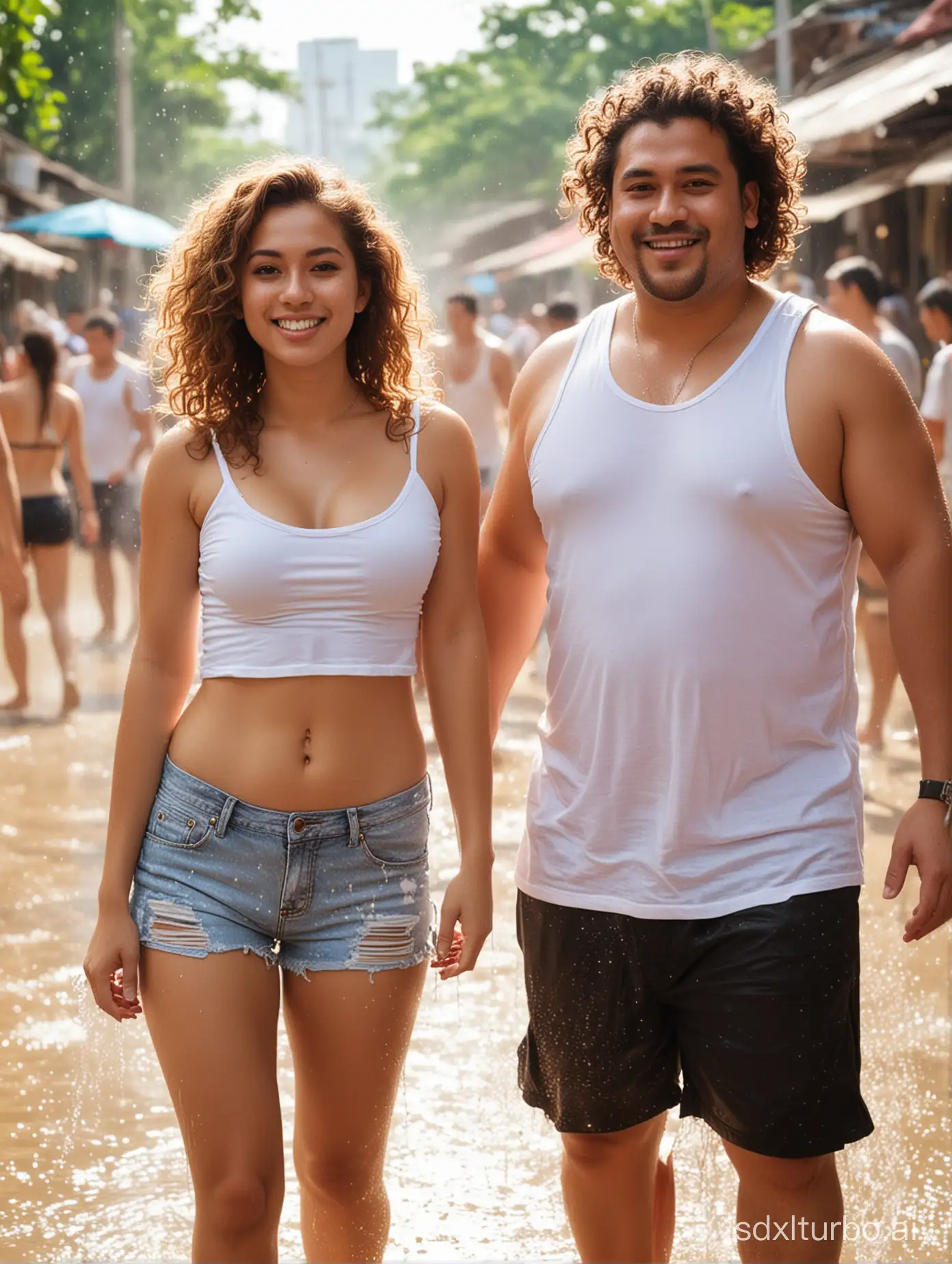 picture of a couple, woman with medium brown straight hair, slim body, small breast, wearing white tank top, fat man with big curly hair, standing at the back of the woman, blur, during Songkran