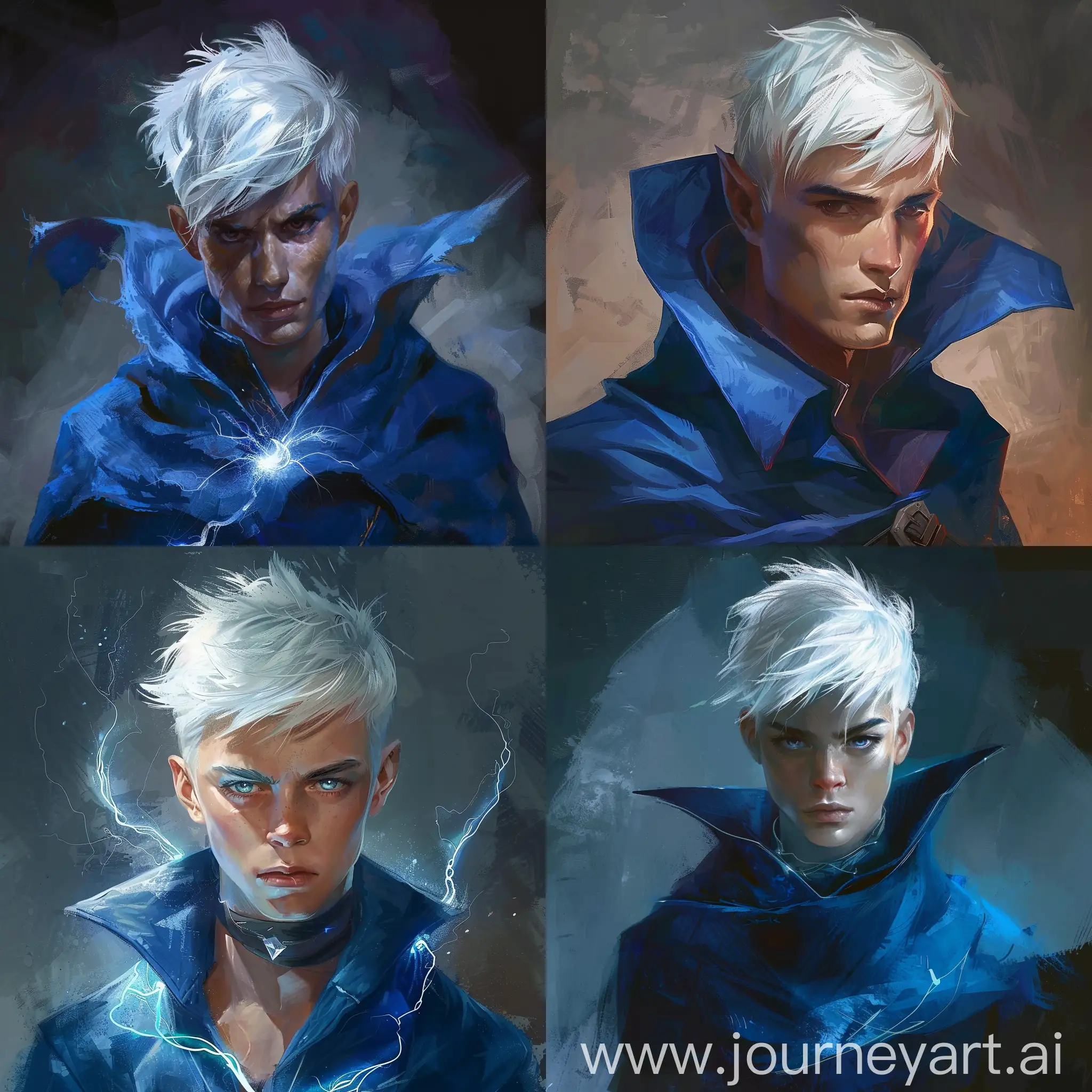 human lightning sorcerer,white haired,male,wearing a blue rob.Staring.Short haired.