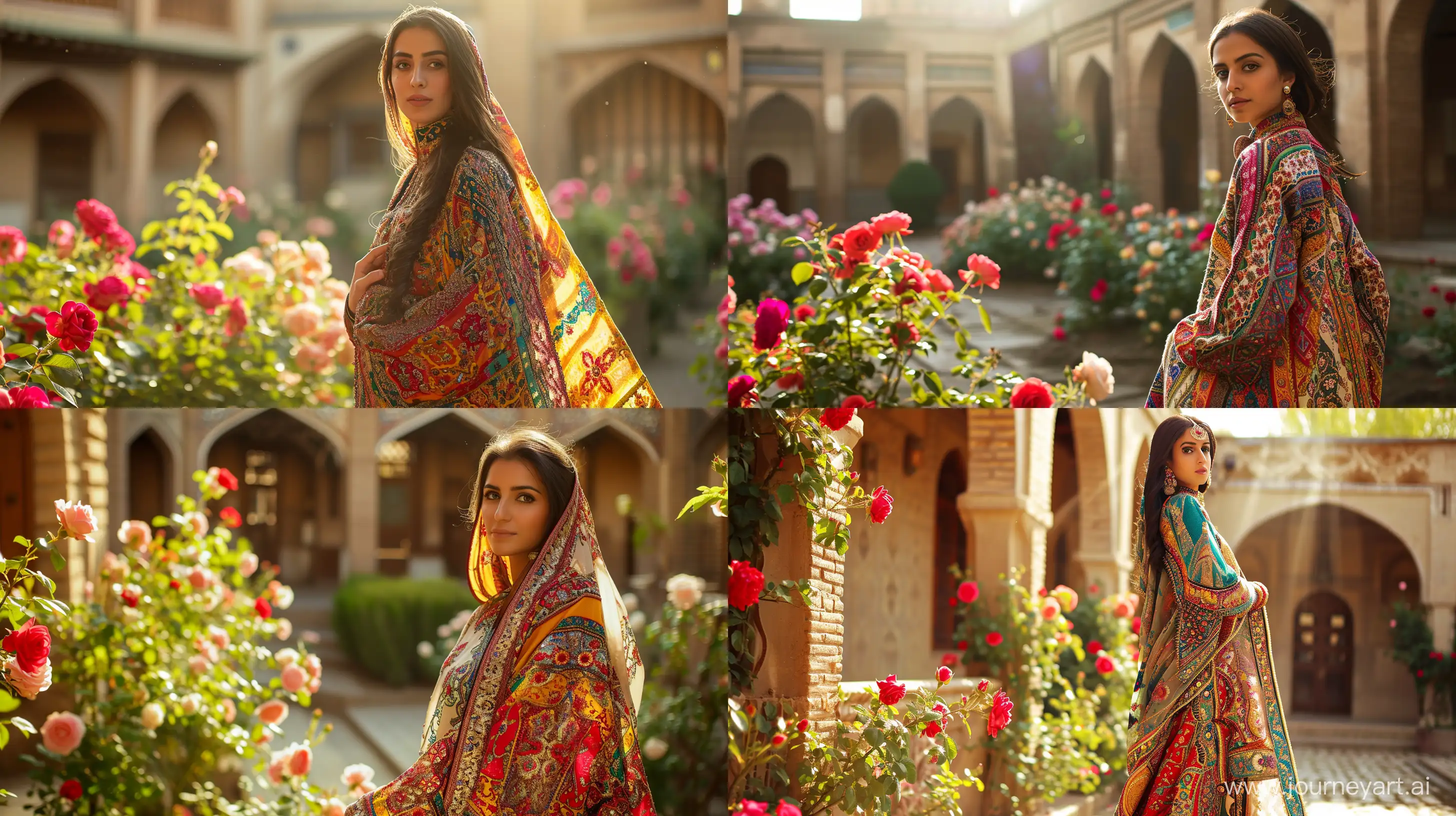 An Iranian woman gracefully adorned in vibrant traditional attire, intricate patterns and vivid colors highlighting her outfit, standing in a sunlit courtyard surrounded by blooming roses and Persian architecture, evoking a sense of cultural richness, Photography, captured with a 50mm lens at f/2.8, intricate details --ar 16:9 --v 6