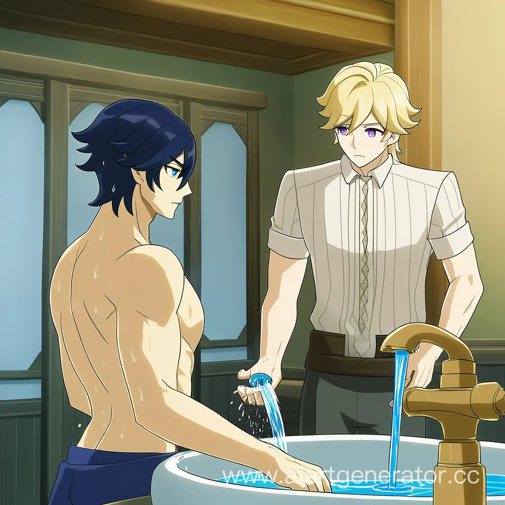 Anime-Scene-Tall-Man-with-Dark-Blue-Hair-Holding-Blond-Mans-Hand-by-the-Sink-Genshin-Impact-Style