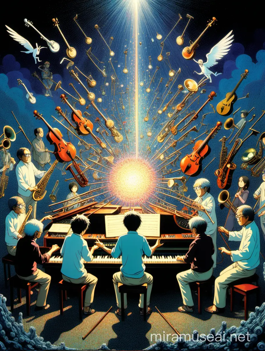 Musical Instrument Battle in Glowing Ethereal Light Studio Ghibli Tribute