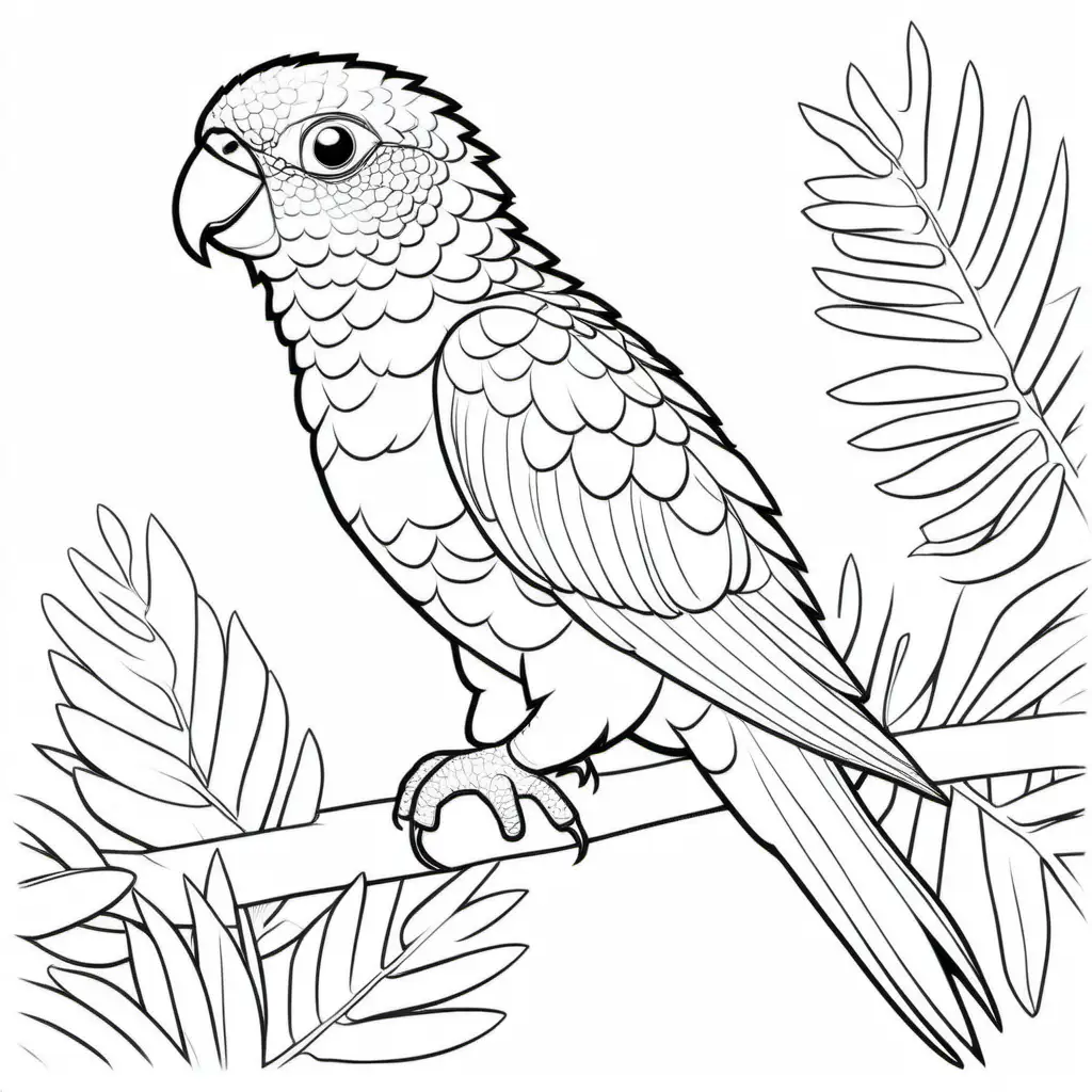 rainbow lorikeet image, childrens colouring book, stencil, no background, fine lines, black and white, friendly cartoon, no shading, no grey, no infill, lines only