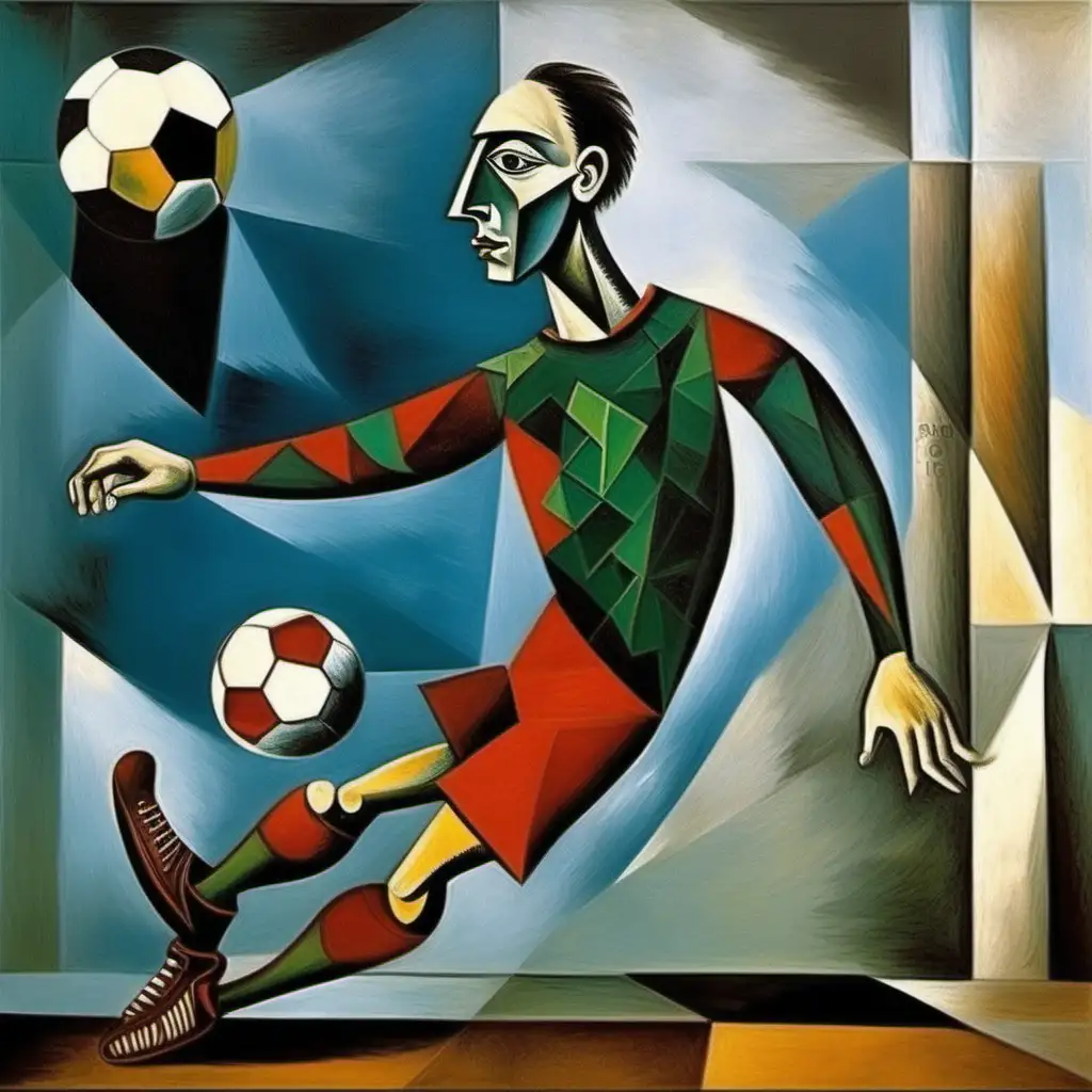 Peinture d un Footballeur surréalisme avec le style artistique  de  pablo picasso 