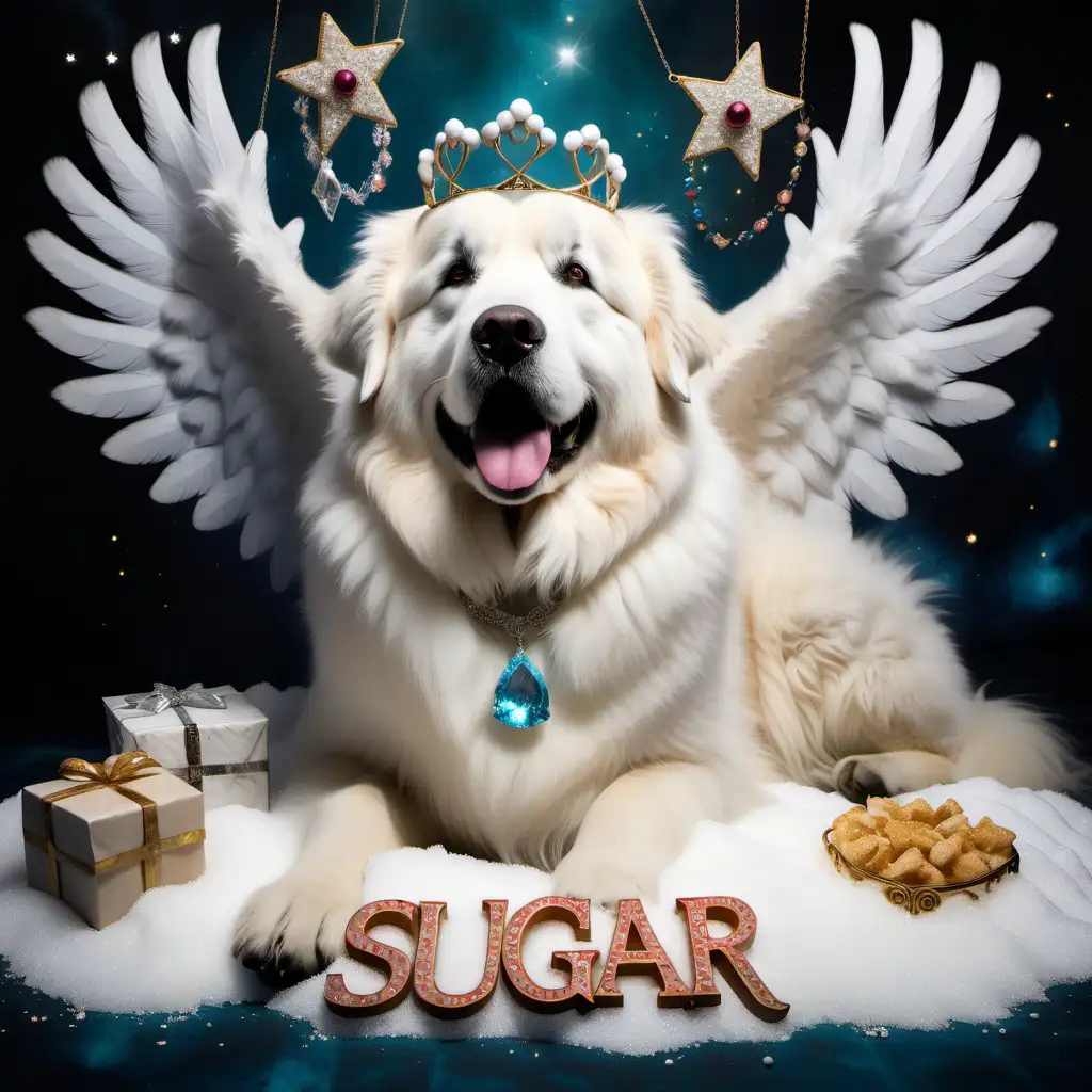 A happy, majestic and magical Great pyrenees named 'Sugar' in a fantasy theme, wearing jewelry while lording over a pile of sugar. The word 'Sugar' should be somewhere in the image. Also wearing a tiara with angel wings