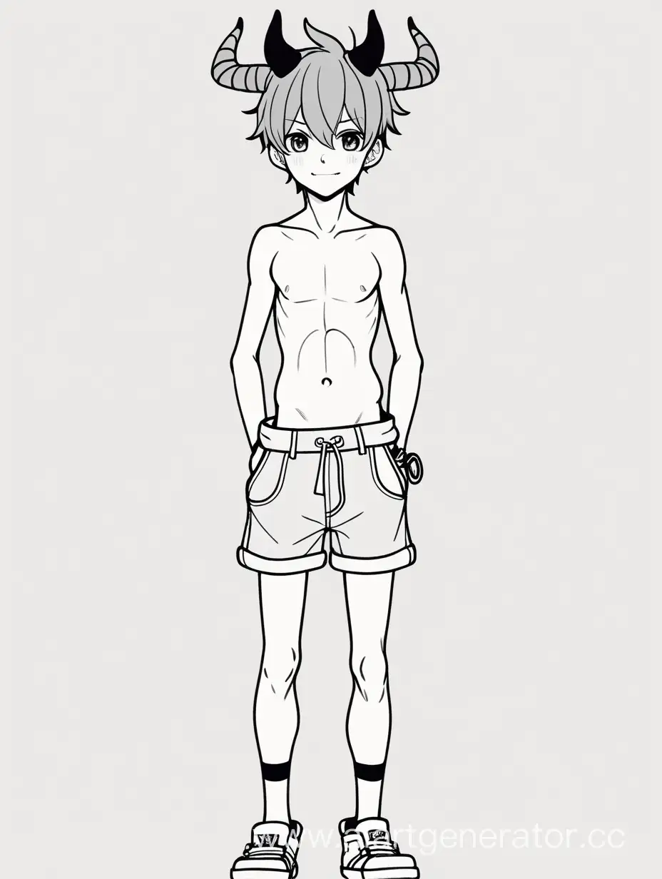 адопт простой аниме персонаж мальчик с рогами и копытами с голым торсом в шортах в полный рост стесняется улыбается на простом фоне с контуром рисованный