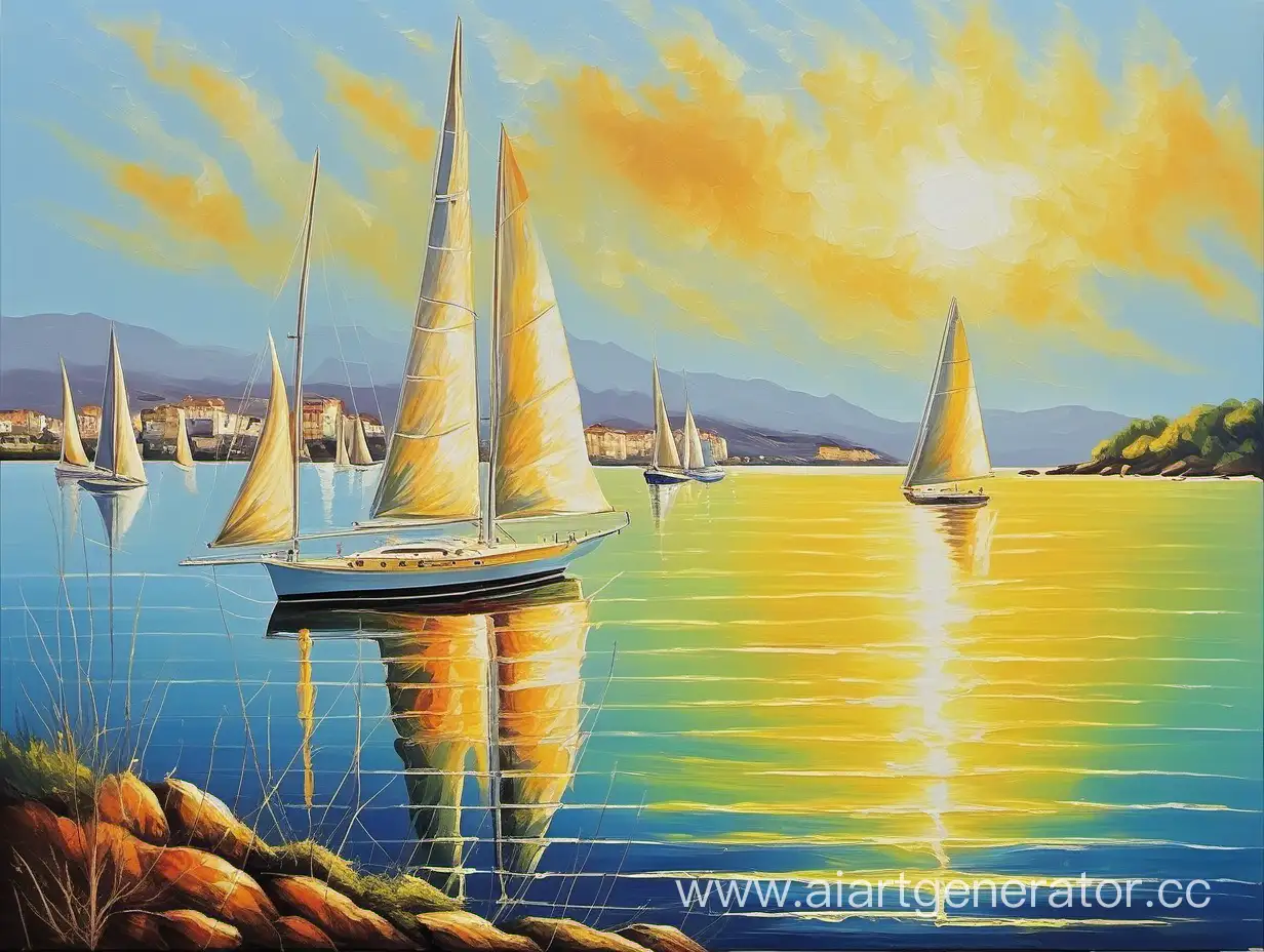 Vibrant-Oil-Painting-of-a-Sailing-Yacht-in-a-Sunlit-Bay