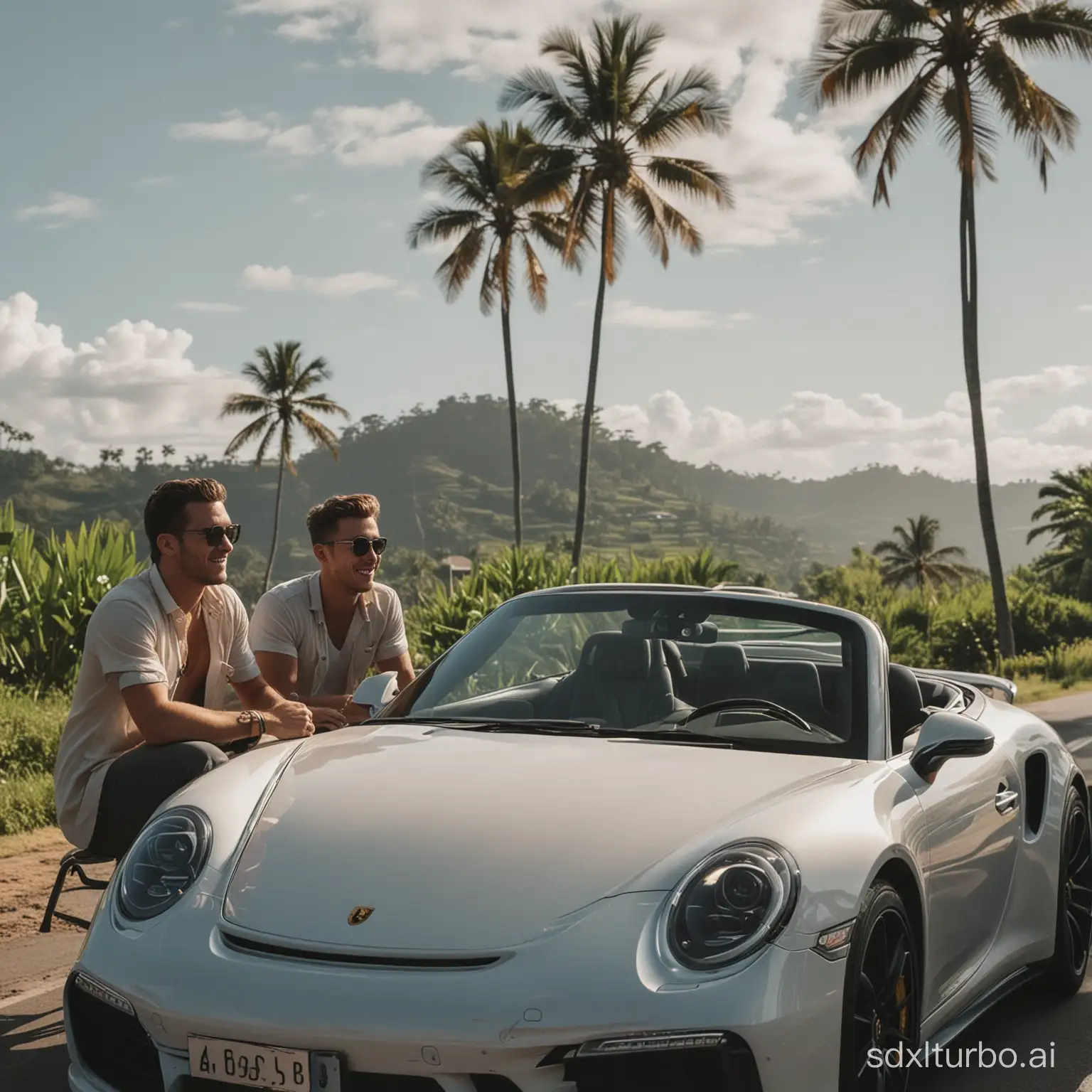 Two young wealthy man in Bali, enjoying their lives while they're driving in their Porsche 911 Turbo S.