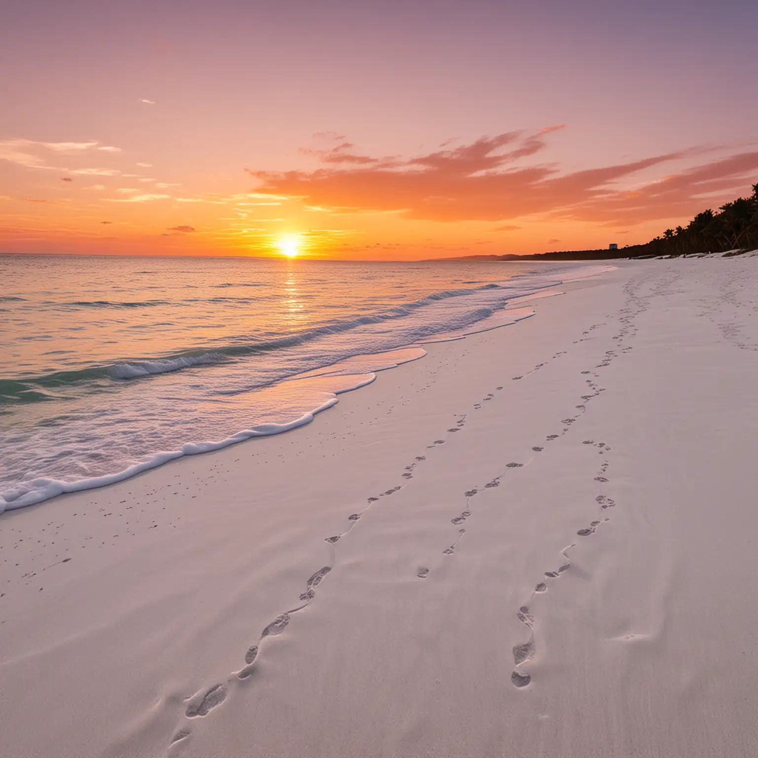 pure white sand beach with orange sunset skies
