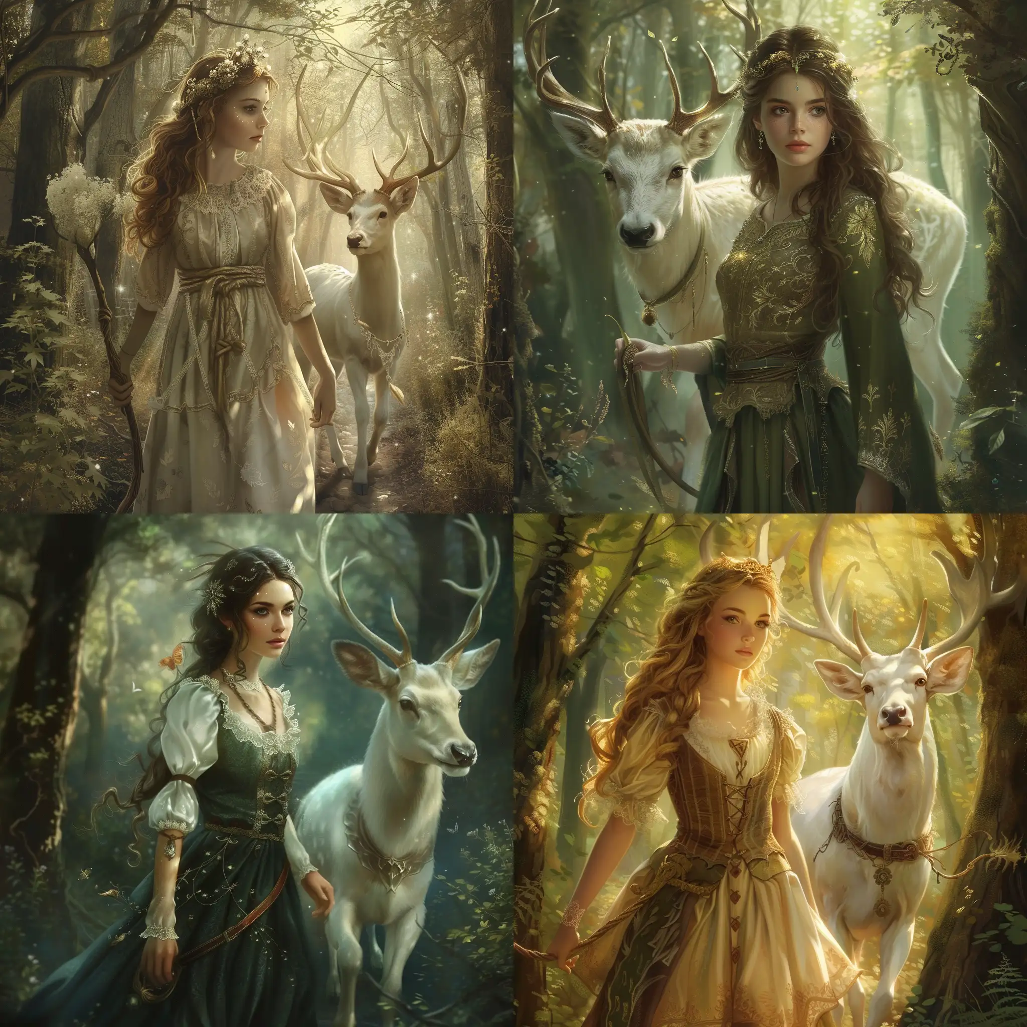 A beautiful medieval girl with delicate facial features leading a white stag through an enchanted forest. Fantasy magical mysterious etheral highly detailed --v 6 --ar 1:1 --no 39627