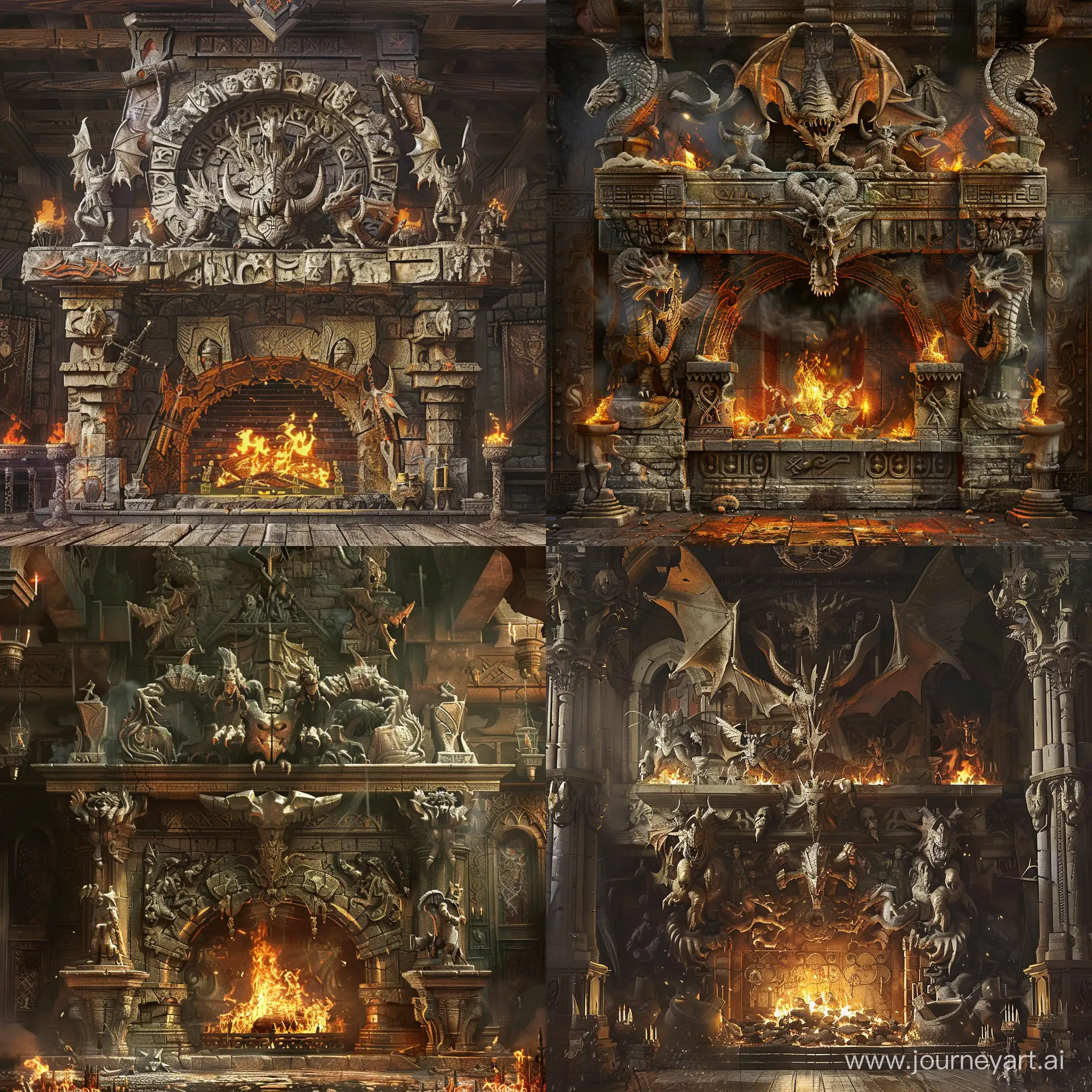 enormous fireplace heavily decorated with sculptures and reliefs of defeated orcs and dragons,  wizard's lair, fantasy concept art, middle ages, concept art
