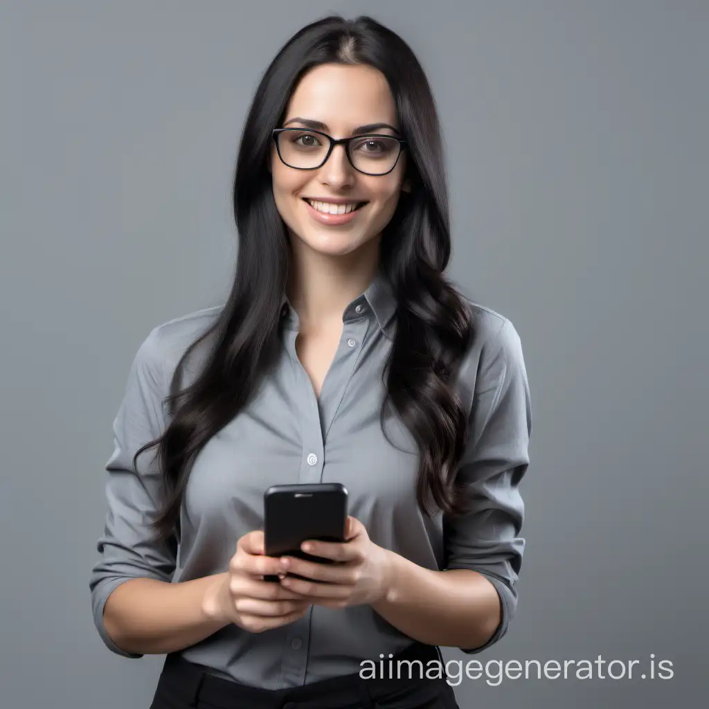 ultrarealistic photo of a brunette business young 35 woman with long black hair and glasses with a mobile in hand looking for camera, using a V grey shirt by side looking for camera in half body with smile and confident