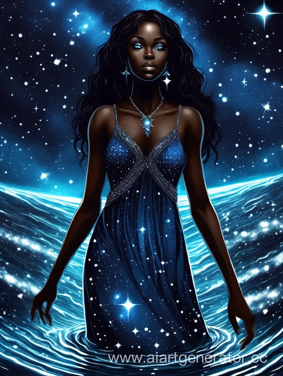 Stargazing-Beauty-Woman-in-CosmosColored-Dress-Amidst-Starlit-Waters