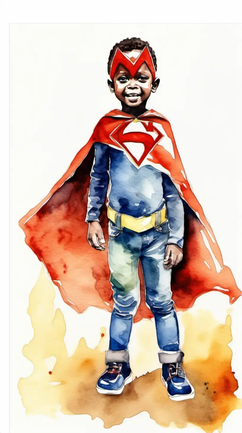 6 years old boy African, with a superhero cape in watercolor