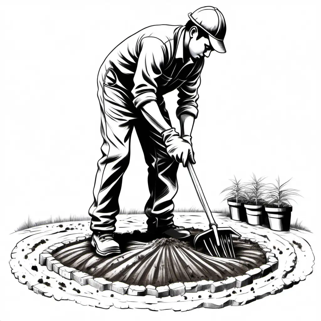 Create a hand sketch of a worker preparing the ground for planting.

All the drawing should fit in the image.
No colors. White background. No shades. Background : FFFFFF