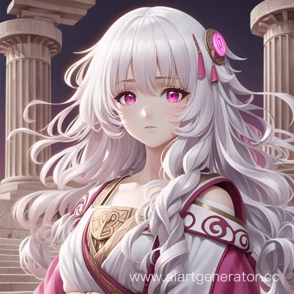 аниме девушка с длинными белыми кудрявыми волосами и розовыми глазами. в одежде древней греции