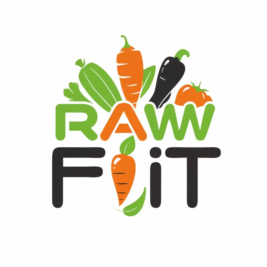 logo, It indicates healthy food options for all people especially for gym and fitness freaks. It should contain raw veggies in the logo, with the text "RawFit", typography