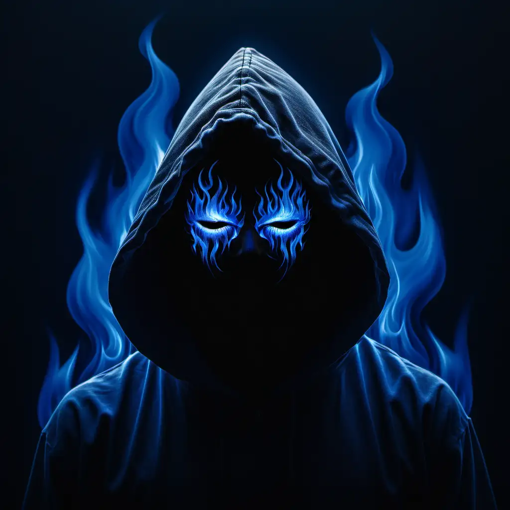 A darkened, foggy blue background.  Two circular, cobalt flames for eyes inside a dark hood.