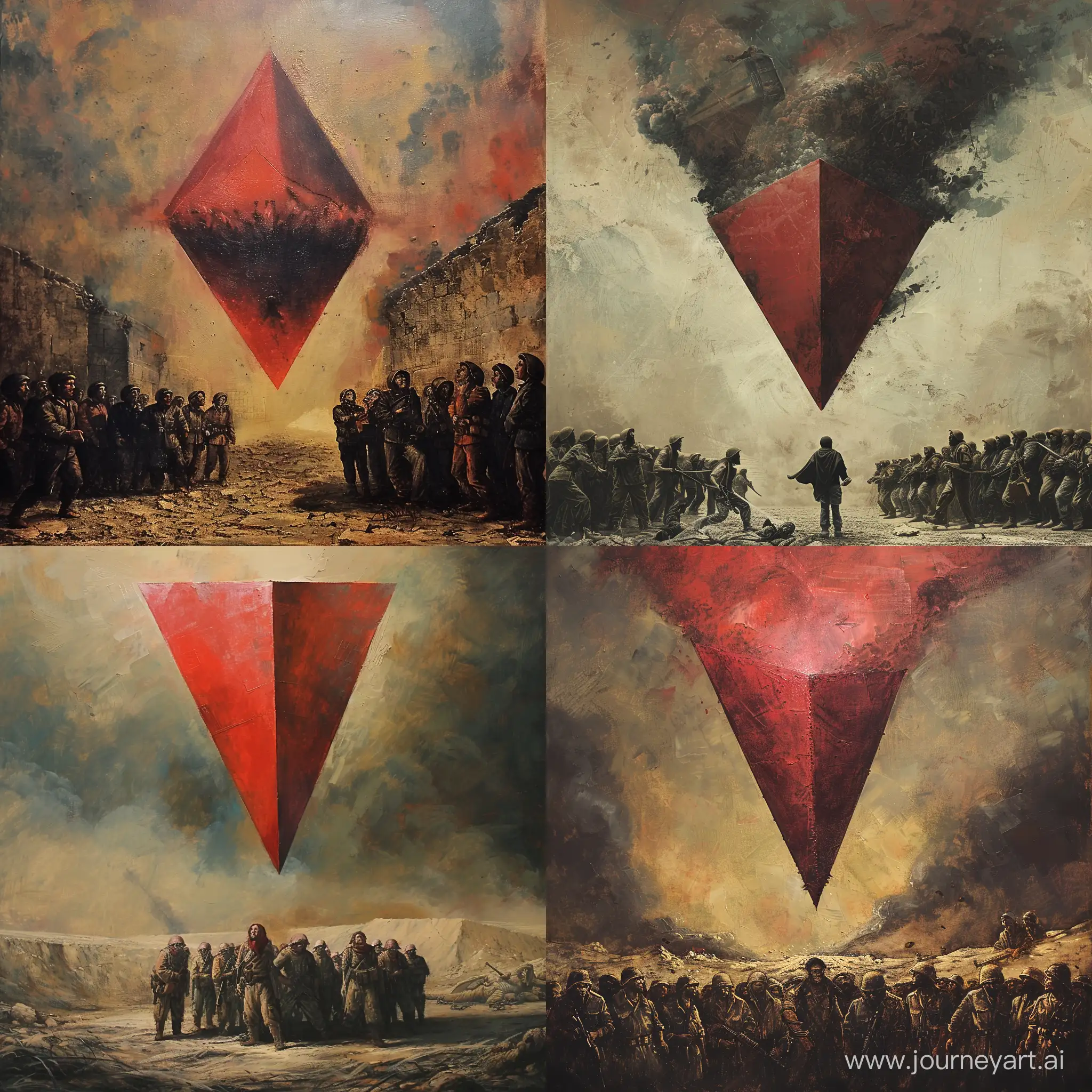 An artistic painting showing the descent of a large red triangle from the sky, symbolizing Palestinian resistance and expressing victory over the oppressors. Its head is down and its base is up. The tip of the triangle is planted in the ground.
He is surrounded by a group of evil soldiers who look at him in a state of panic and fear.