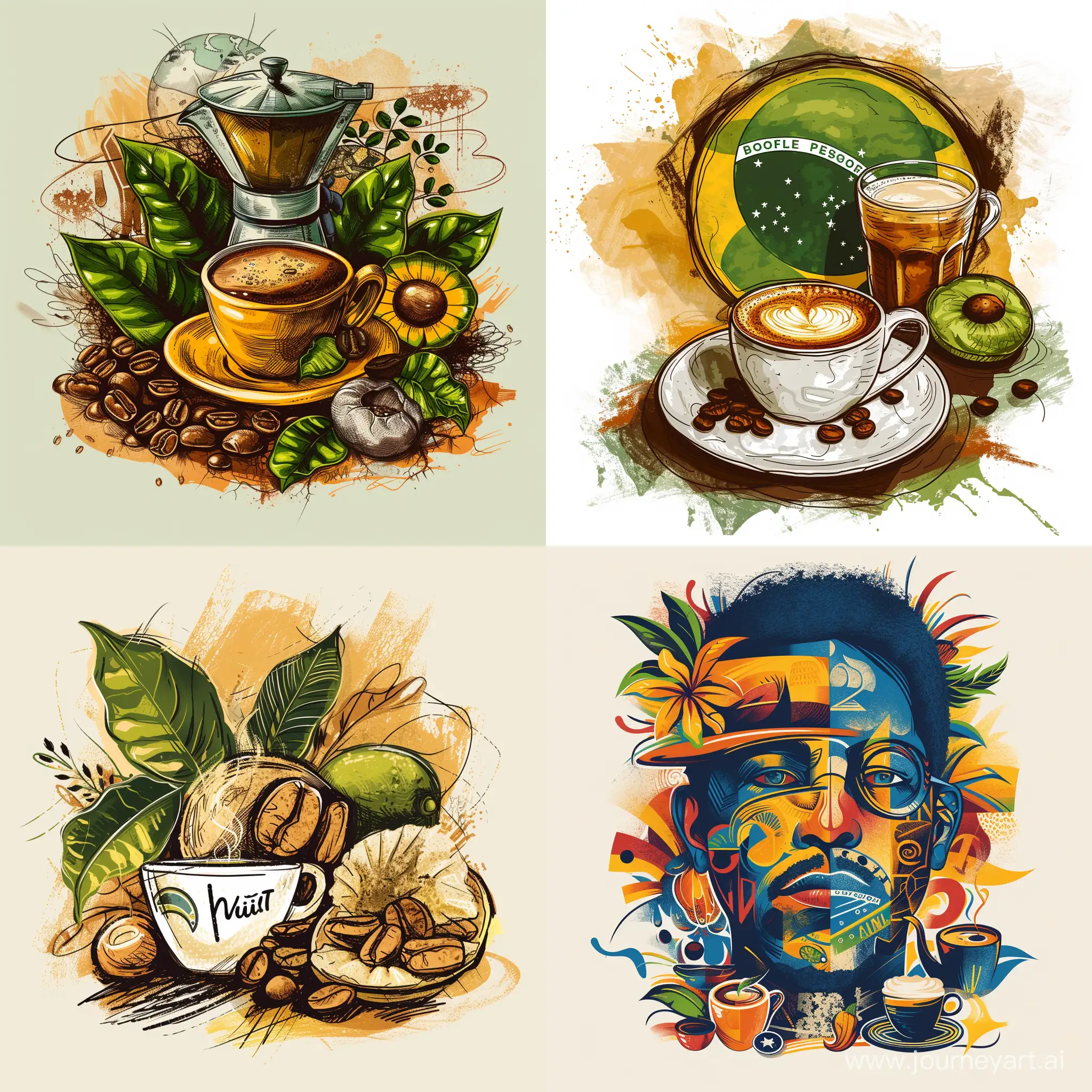 иллюстрация нарисованная кистями в  Photoshop из символов Бразилии и кофе.