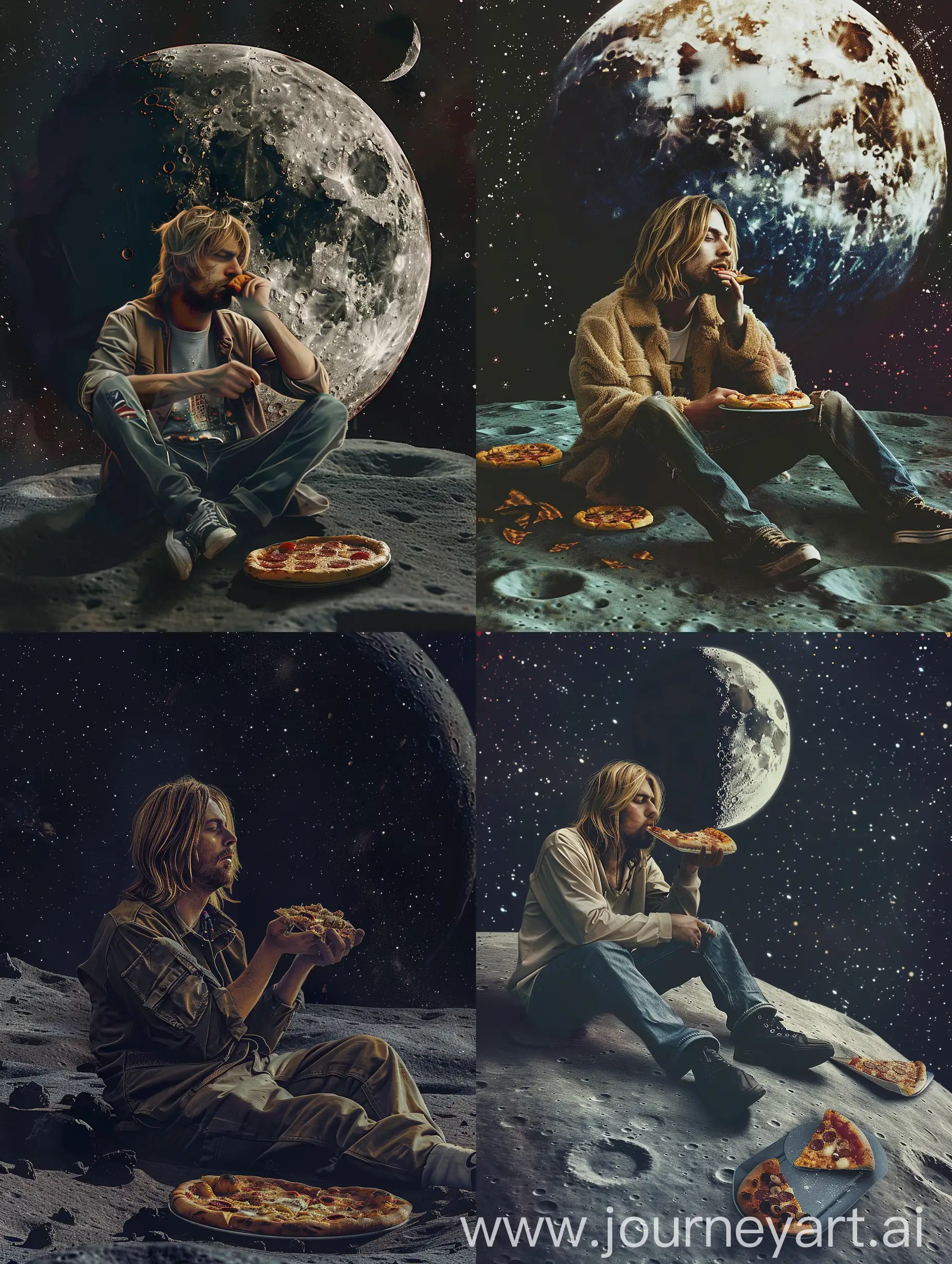 kurt cobain sitting and chill on moon surface eating pizza , Digital painting , Vibrant , digital art propaganda style