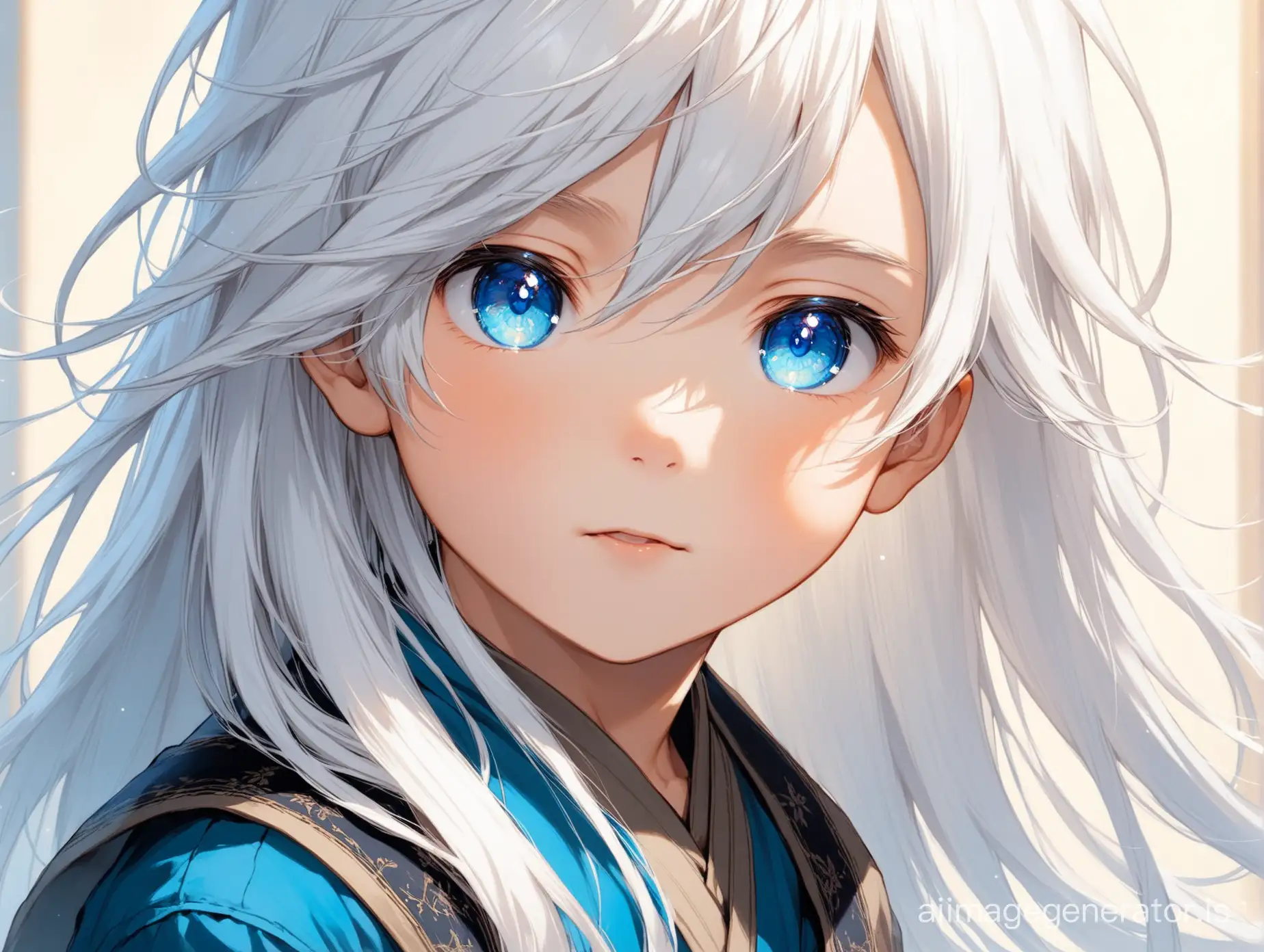 petit garçon au cheveux longue blanc et au yeux bleu