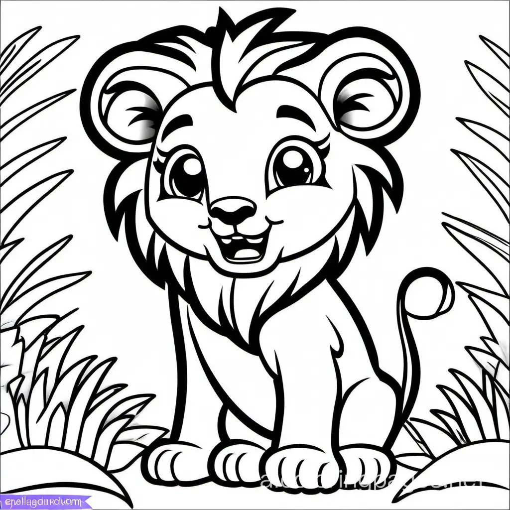 cute baby lion roaring coloring pages, Coloring Page, black and white, line art, white background, Simplicity, Ample White Space. The background of the coloring page is plain white to make it easy for young children to color within the lines. The outlines of all the subjects are easy to distinguish, making it simple for kids to color without too much difficulty