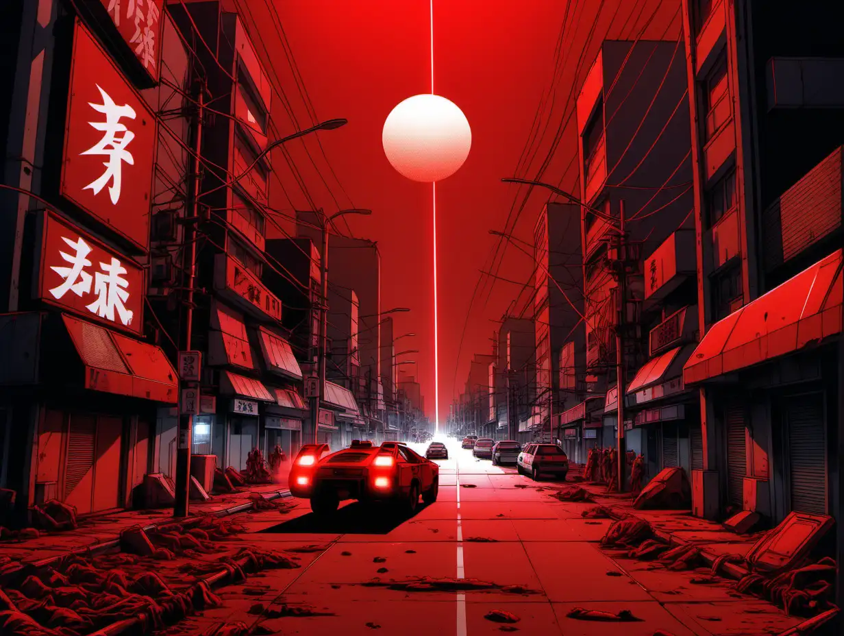 Akira inspired street scene, red lasers, red light, at night, red sun