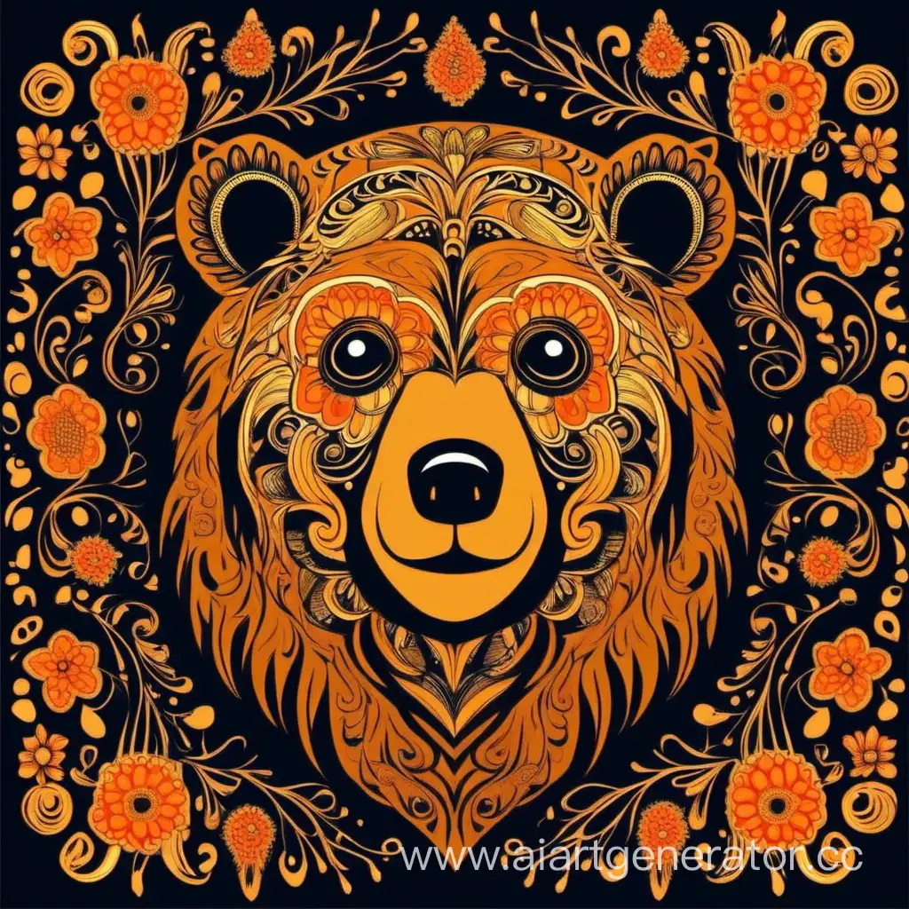Bear-Head-Drawing-on-Khokhloma-Patterned-Background
