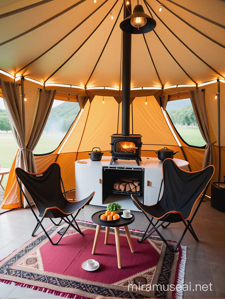 Luxury Tent Interior with Electric Stove and Chairs