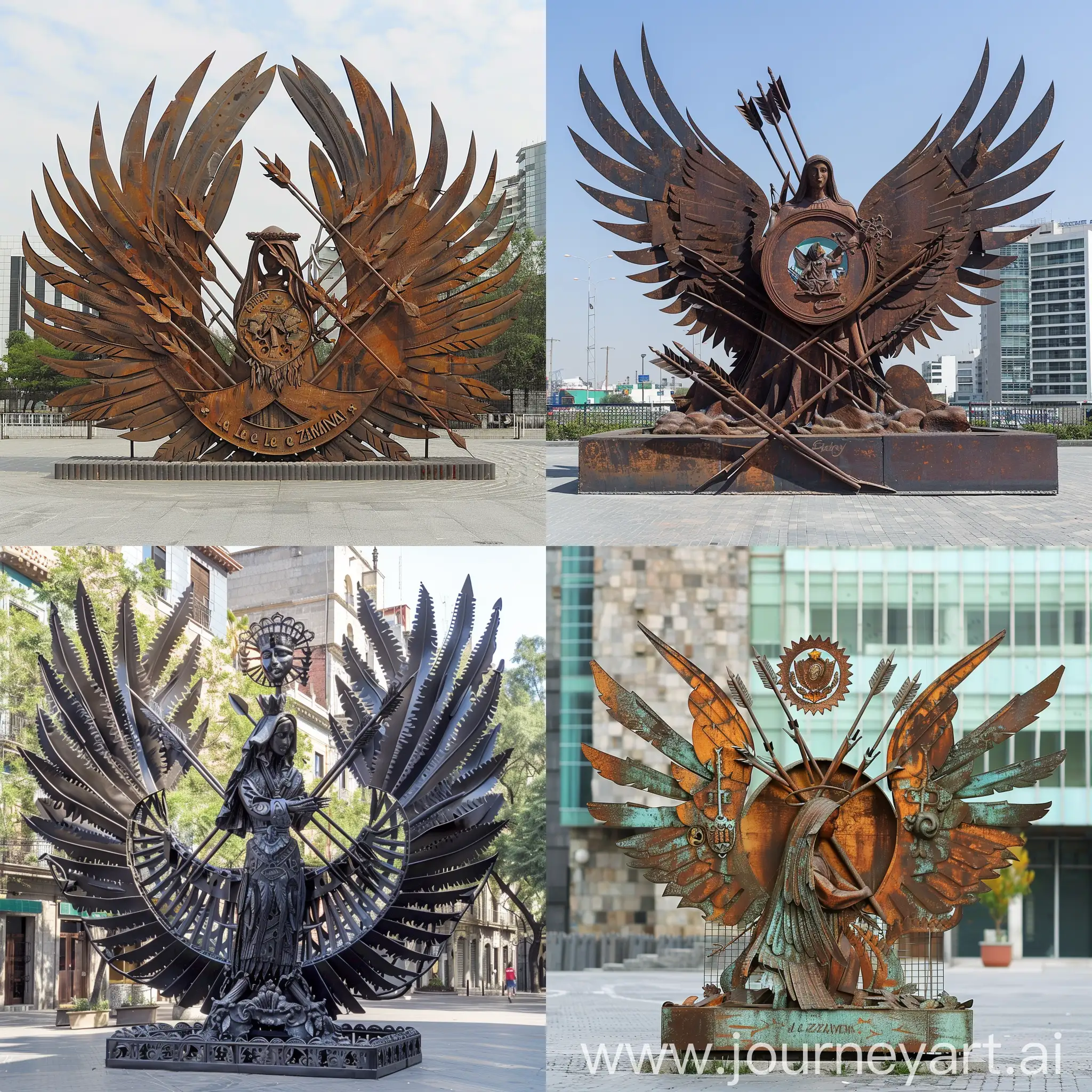 Escultura urbana en la Plaza de la Bandera en Guadalajara, de acero, con alas, flechas en cruz y un emblema de la Virgen de Zapopan.