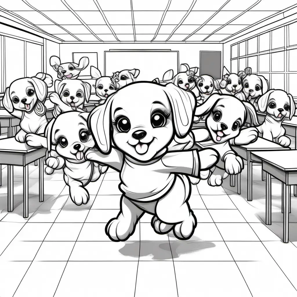 two groups of cute Hip Hop female puppies dancing in classroom in school, clear lines no shading, coloring pages 