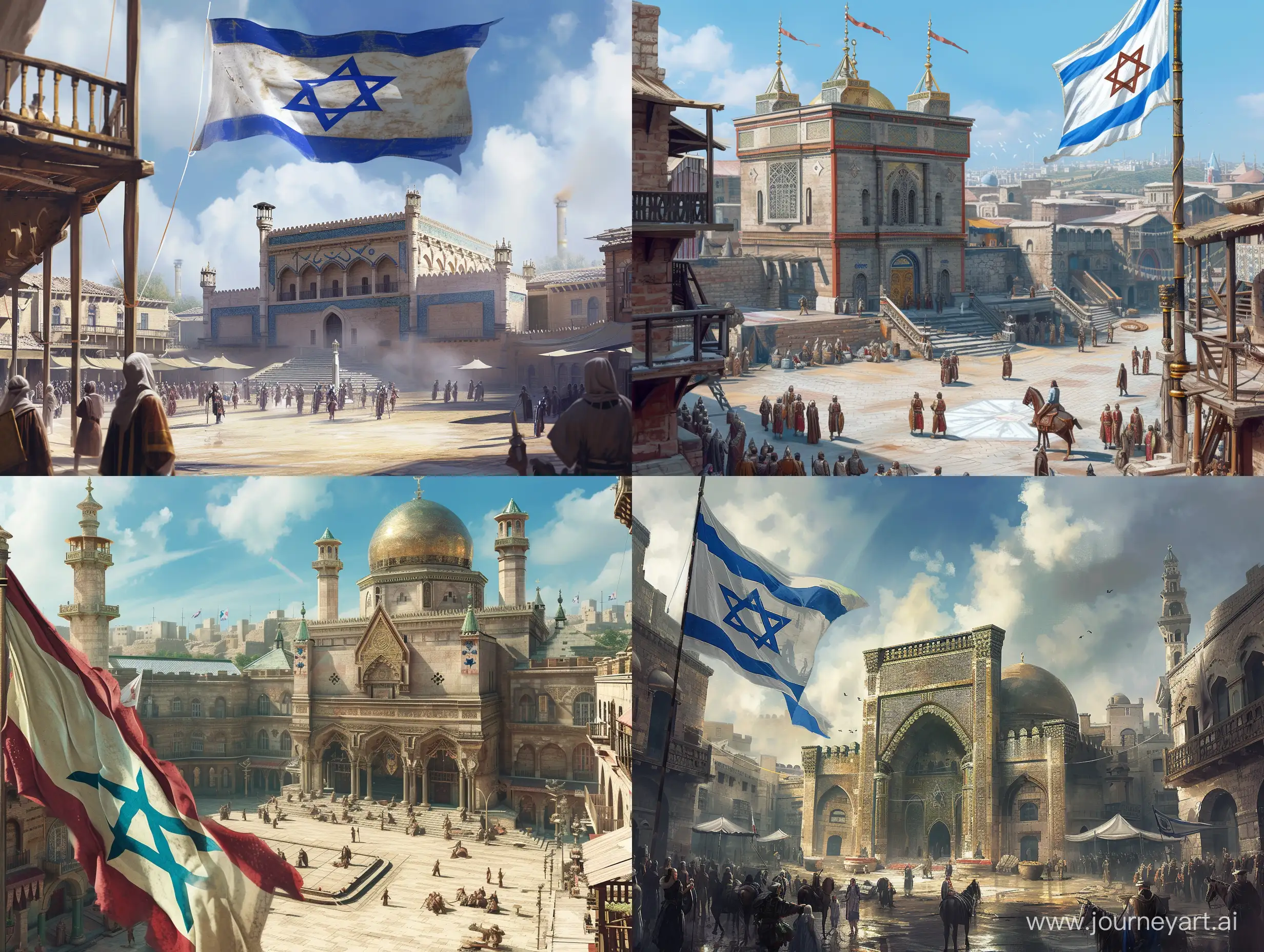 The Khazar people in the capital Itil of the Khazar Empire, Jewish, Synagogue, city square, fantasy, 8k, star of David flag