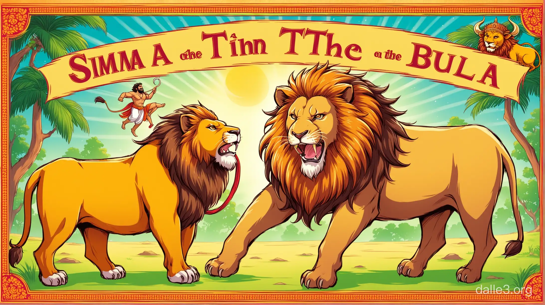 The Lion and the Bull (Simha Prashna) - A lion, king of the jungle, is tricked by a bull who outsmarts him using his wit. Panchatantra book story cover. cartoon 