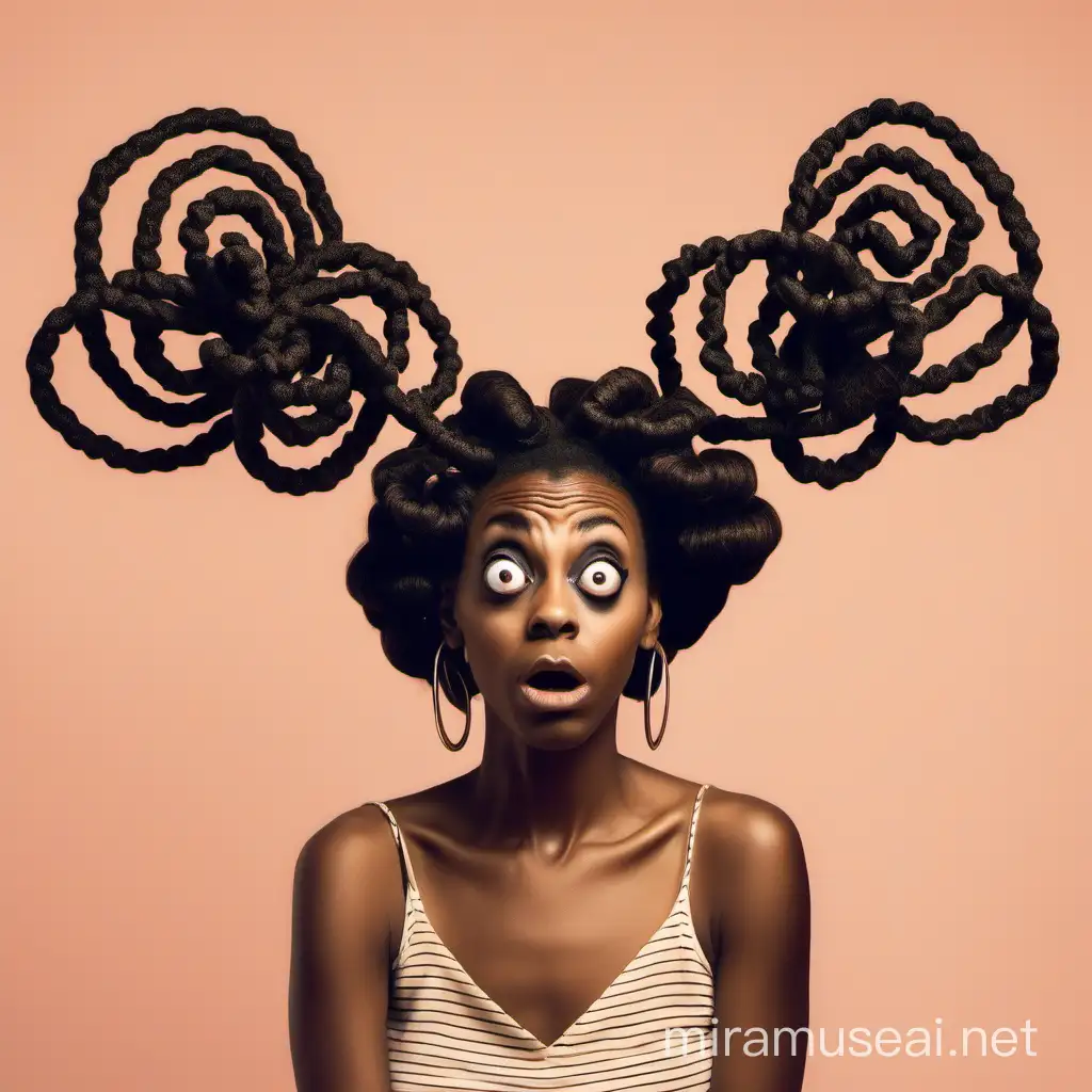 A woman with huge bug eyes with a dizzy expression on her face, she is a black woman, with bantu knot hairstyle