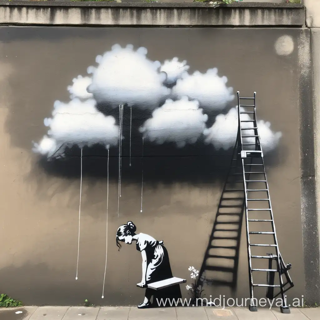 graphiti; banksy; ladder to cloud; woman on ground;