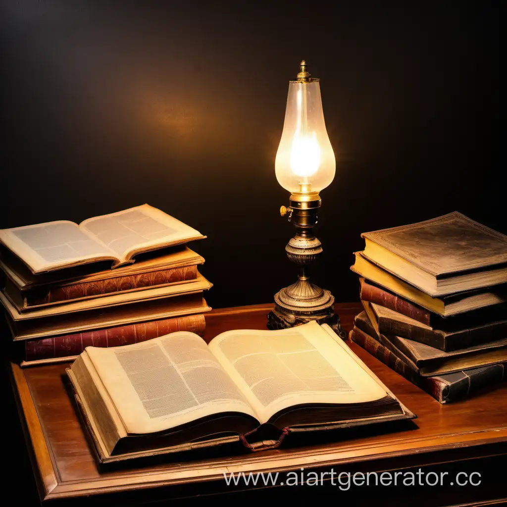 открытая старинная книга с потертыми пустыми страницами на столе  со старинной лампой и книгами в стопке. Открытая книга облокочена на стопку книг