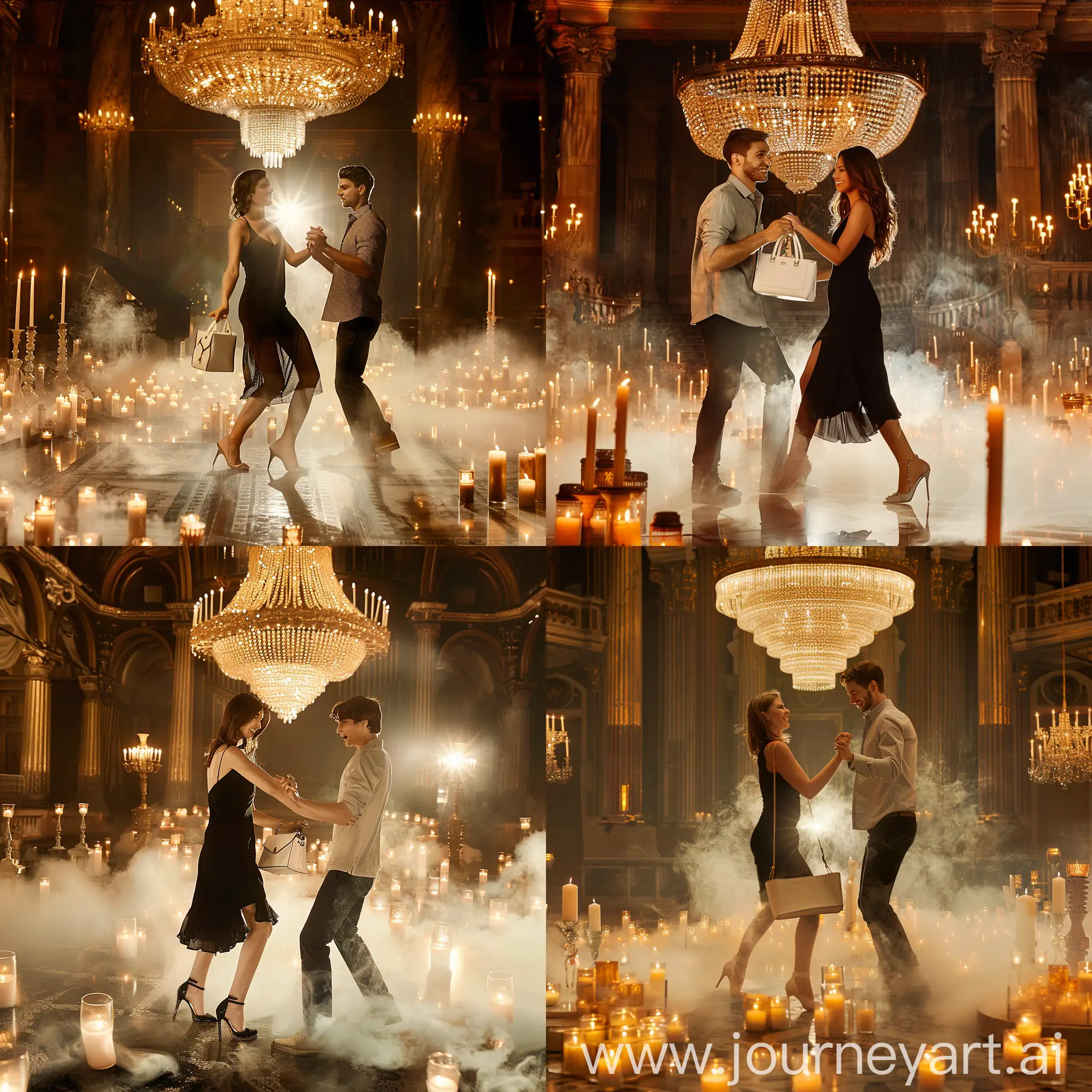 A couple, a girl with a guy, a girl in an evening black dress and heels and a white bag in her hand, a guy in smart casual, dancing in the middle of a large room in smoke, a large chandelier shines behind them, there are many candles around them