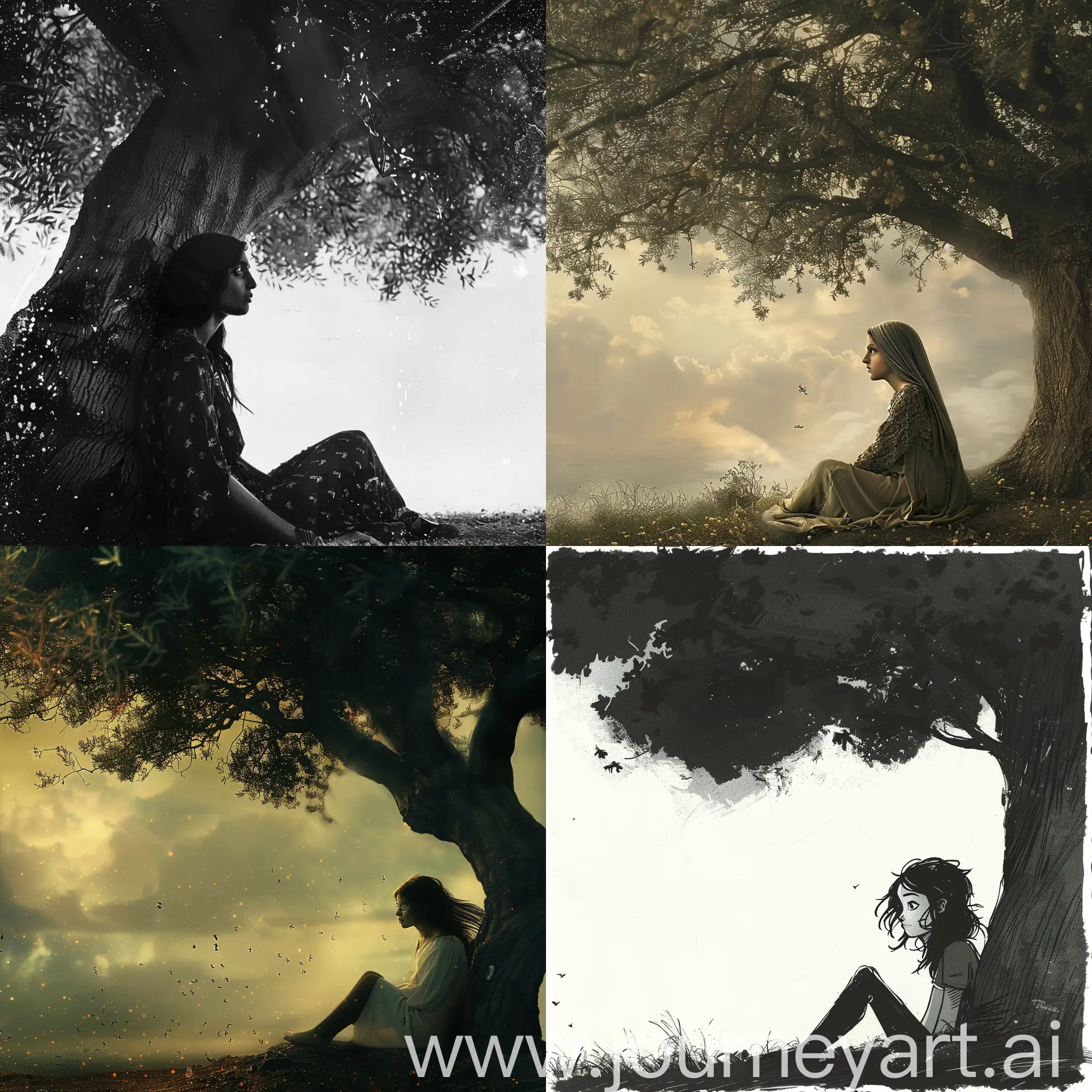 A woman who has eyes that remember the person she loves. Even though he hasn't come back. Sitting under a big tree
