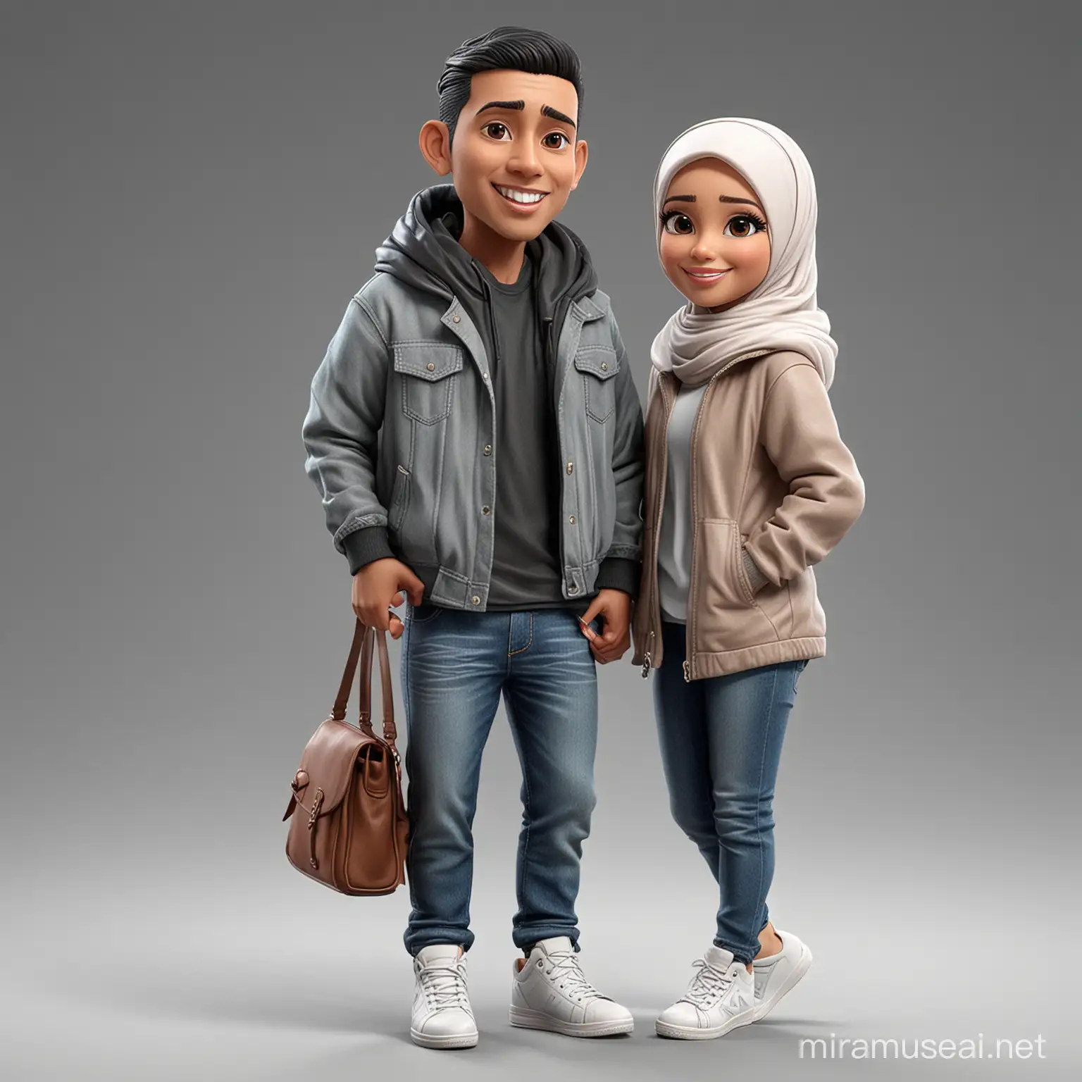 Photo realistic caricature 3d cartoon render, of a couple. one beautiful Indonesian Muslim girl, slightly chubby, Wear hijab with a parka jacket
and denim jeans complete with white sneakers and one Muslim man, wear denim jacket, and leather shoes.