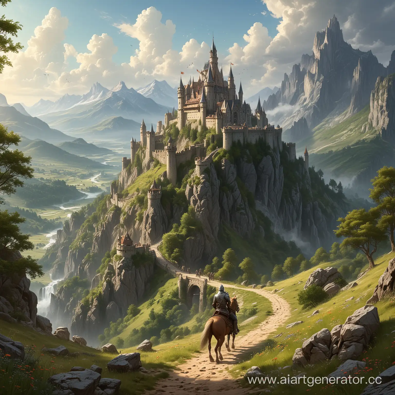 горная местность, лето, стоит замок, к которому скачет на коне рыцарь, на пути ему встретились эльфы и орки