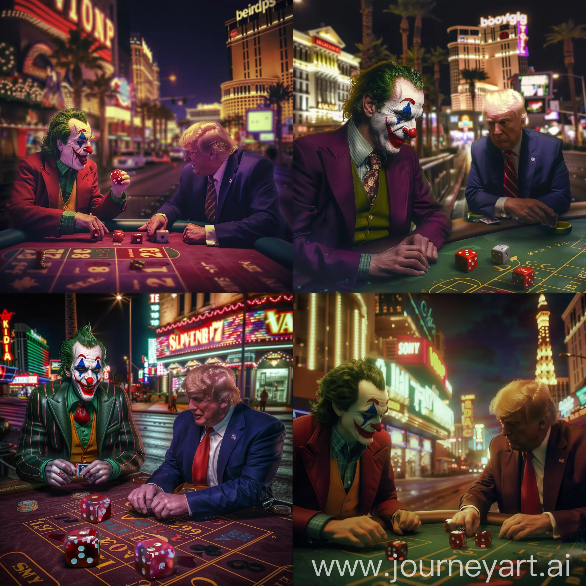 A very realistic picture shot with a Sony AR7V camera. Of the joker  and donald trump playing dice outside of a casino in Las Vegas Nevada at night. Time very photo realistic picture very photo realism like And a full shot picture