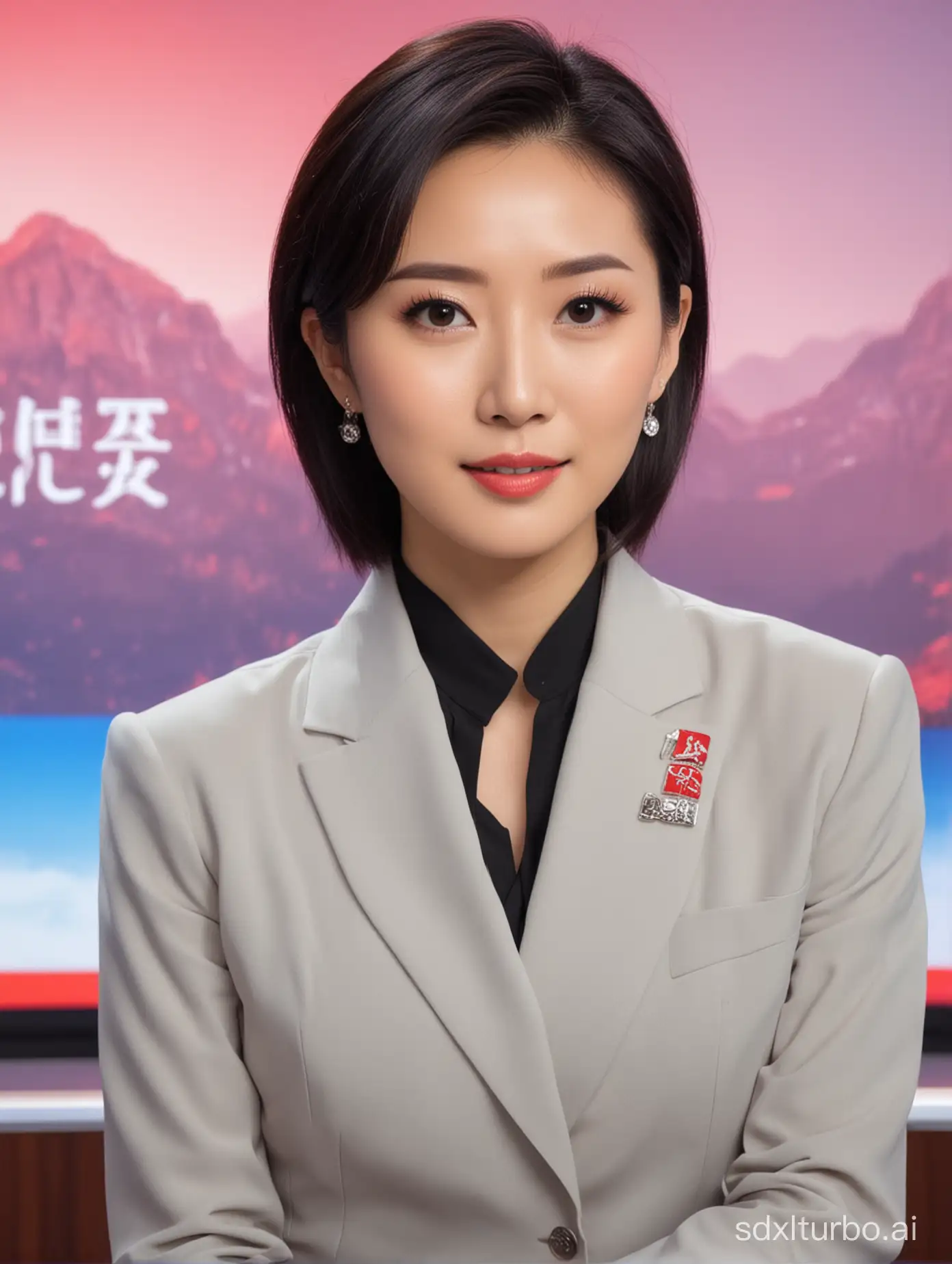 A Chinese beauty wearing professional attire, news anchor, looking at the camera, with the background of the Xinwen Lianbo (News Broadcast) backdrop, mid shot